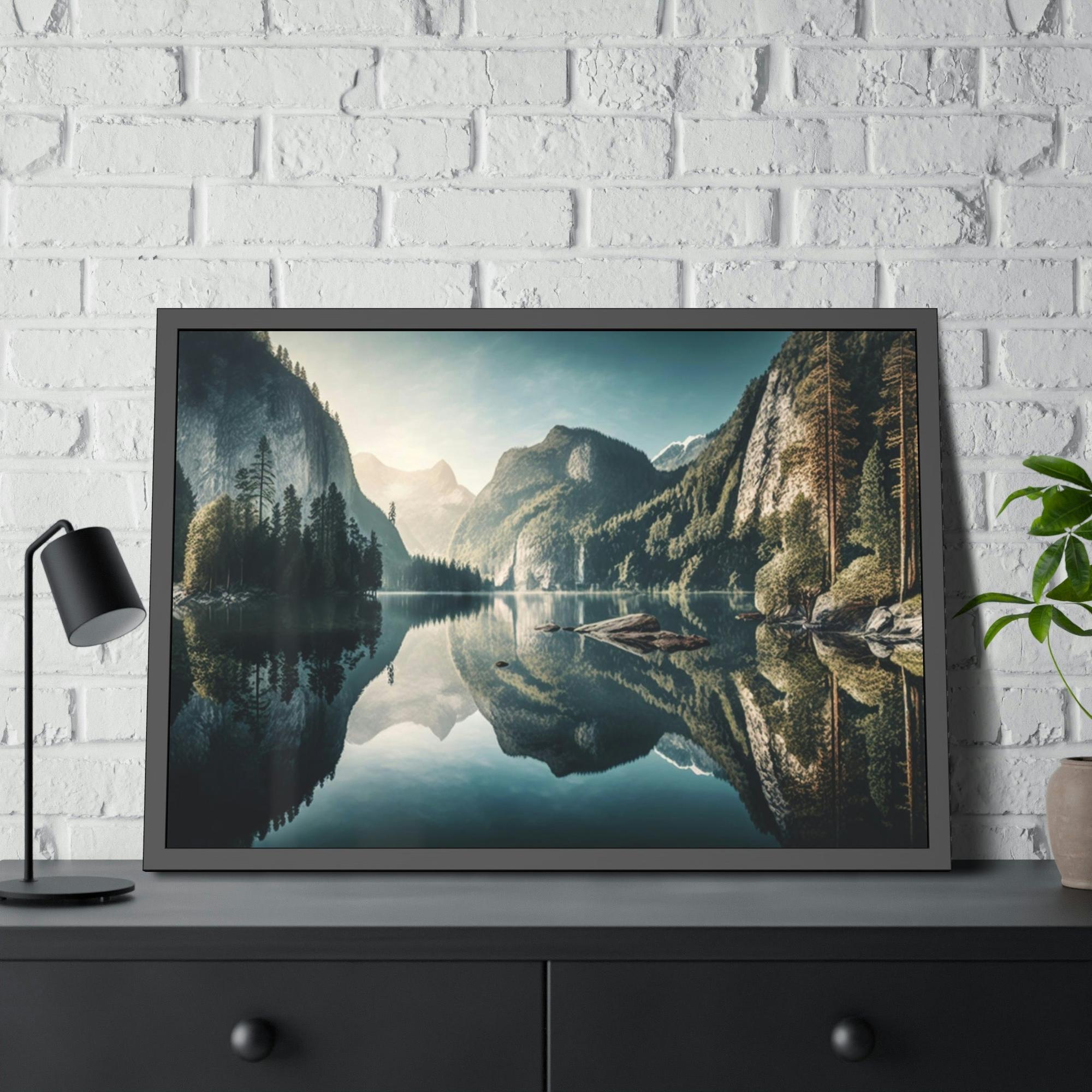 Lakes And Rivers Tranquil Lakeshore: Framed Poster of a Peaceful Lake on Canvas