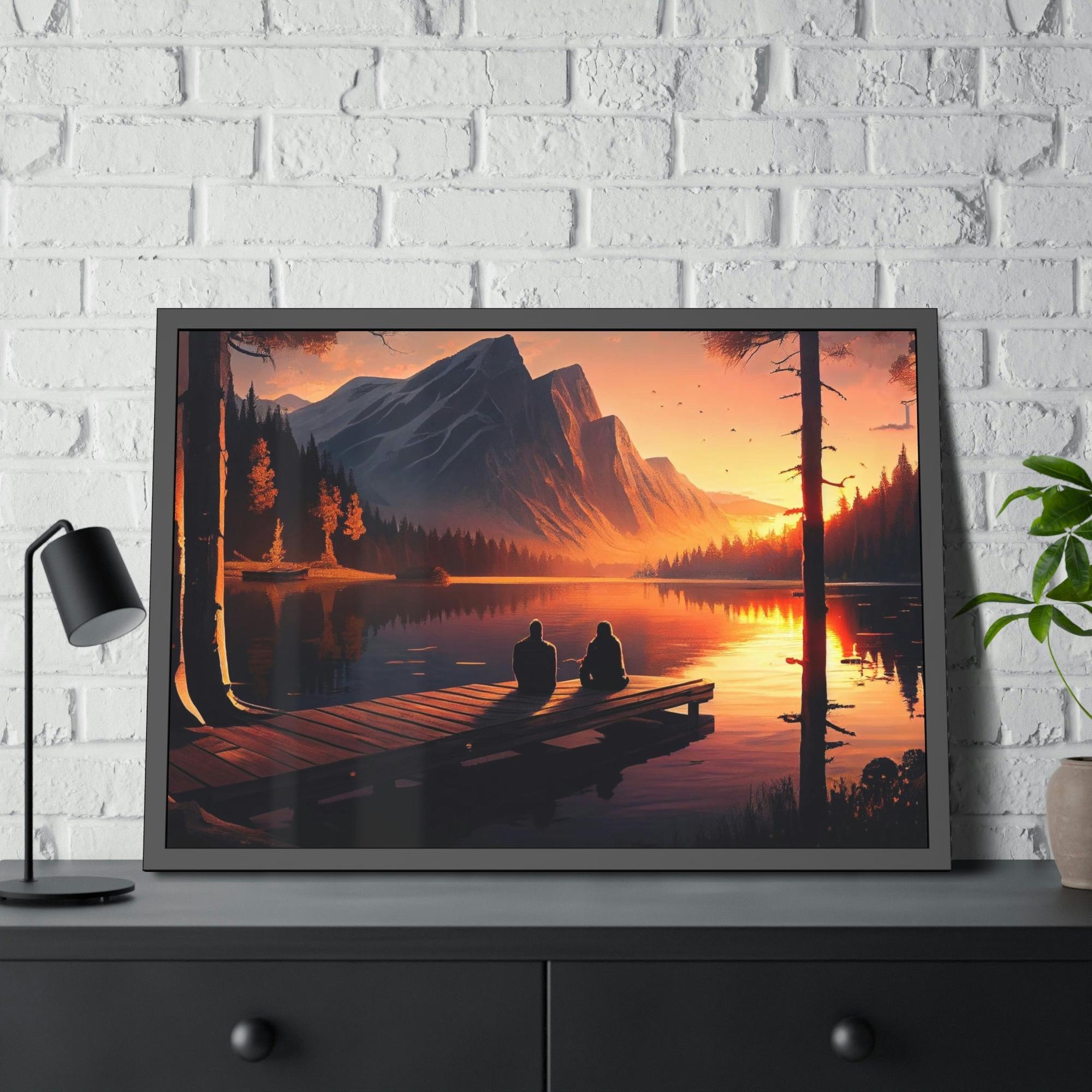 Lakes And Rivers Peaceful Lakeshore: Framed Poster of a Calm Lake Scene on Canvas
