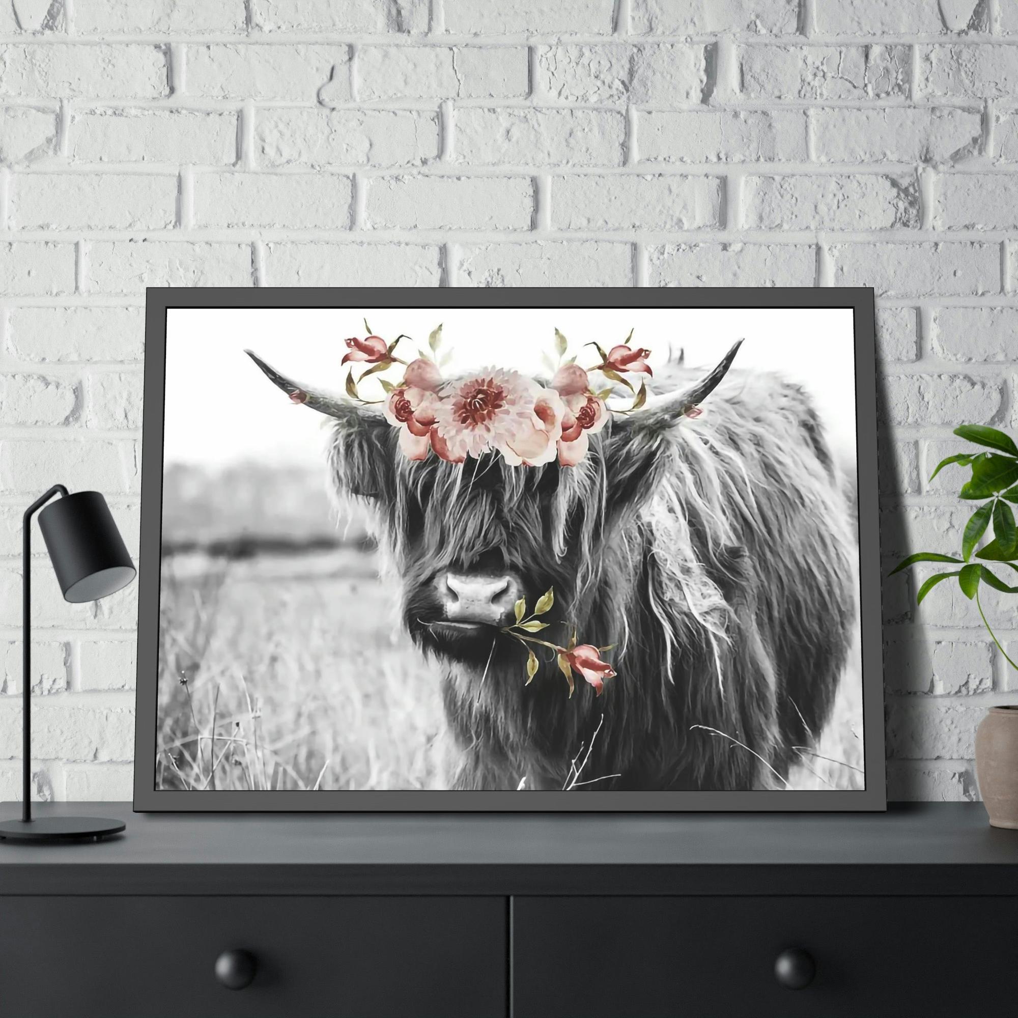 Highland Cow Highland Cow | Black-White Picture of Cow with Pink Flowers in the Mouth | Art Canvas — Pixoram