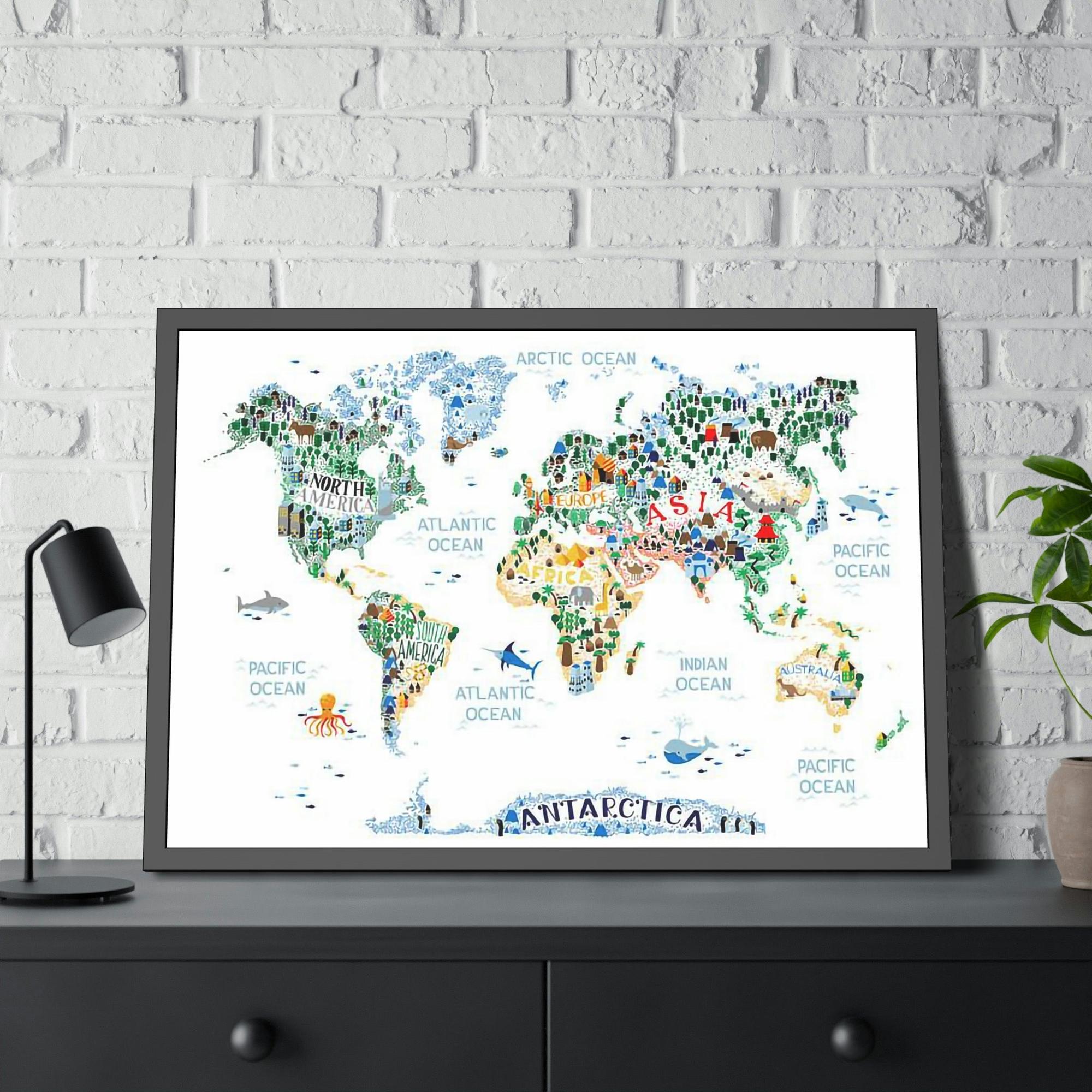 Kids Maps World Adventure: Framed Canvas and Poster of Playful Illustrated Kids Map
