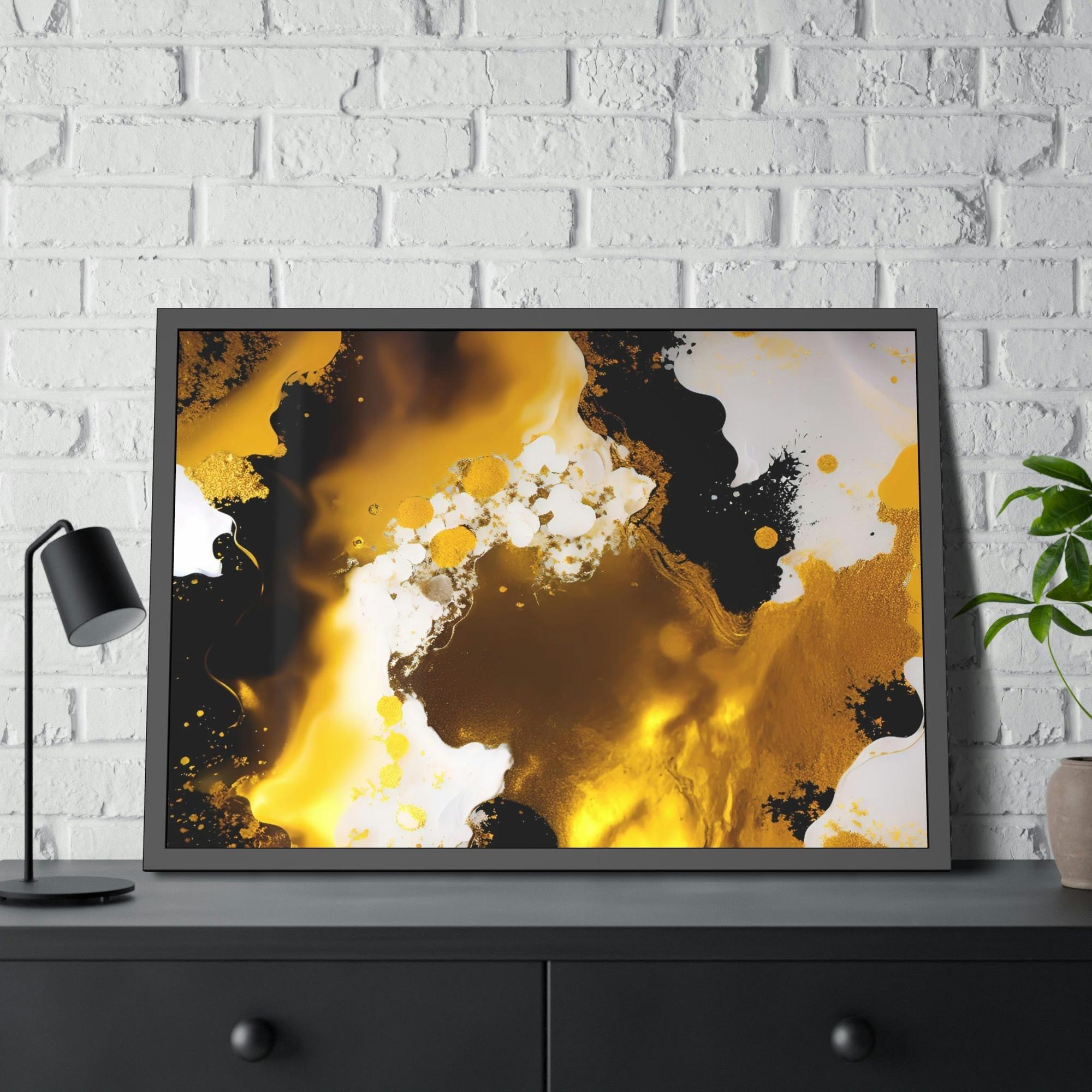 Gold Abstract Art Opulent Reflections: Framed Canvas of Gold Abstract Wall Art