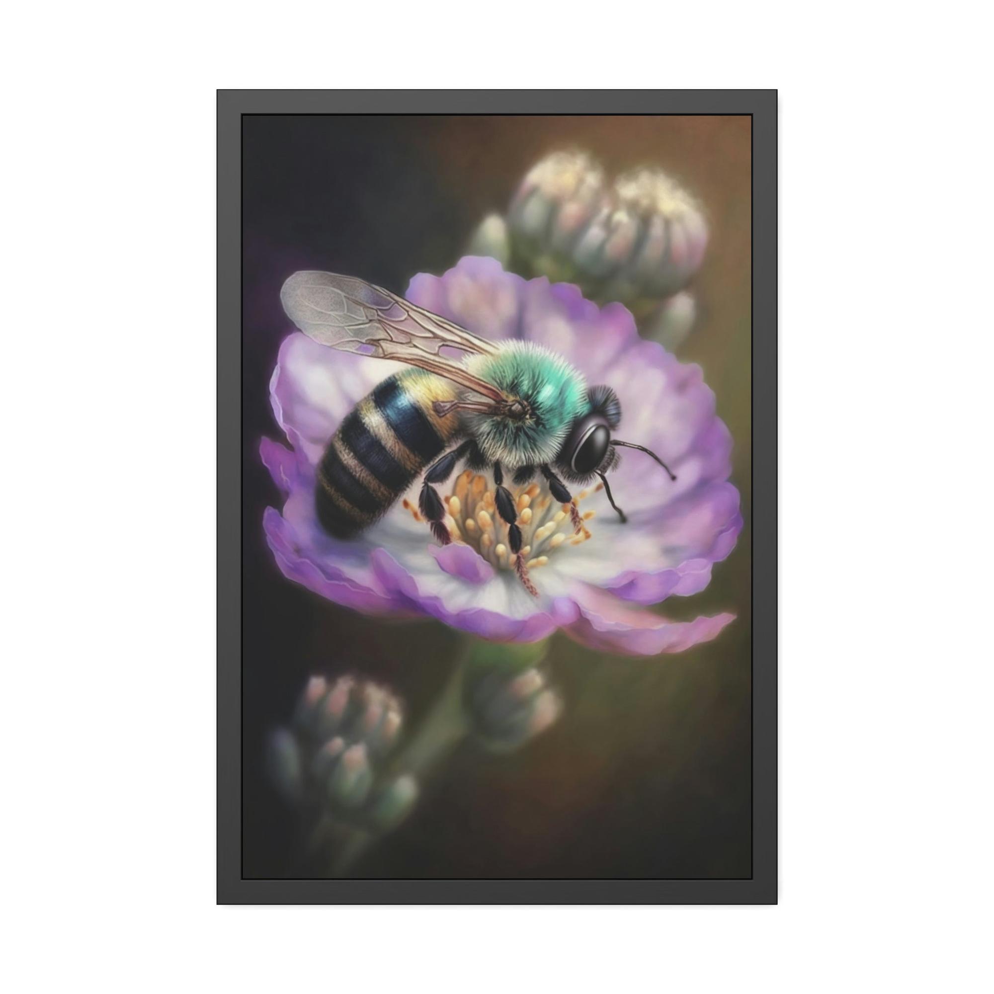 Bees A Tiny Miracle: A Framed Poster & Canvas Print of a Bee Collecting Pollen on a Flower
