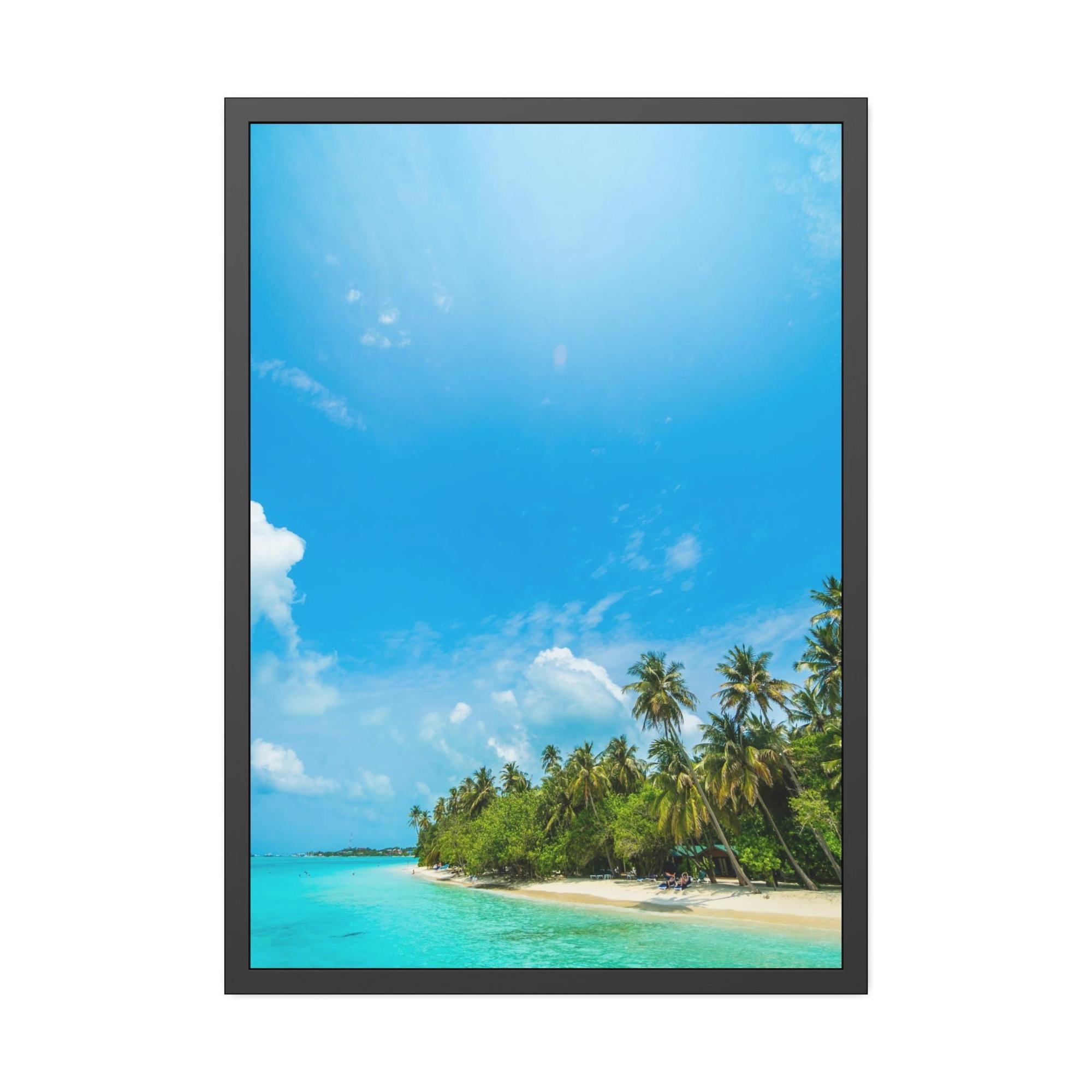 Island Beach Coastal Charm: Art Print of a Beautiful Island Beach Scene on a Framed Poster