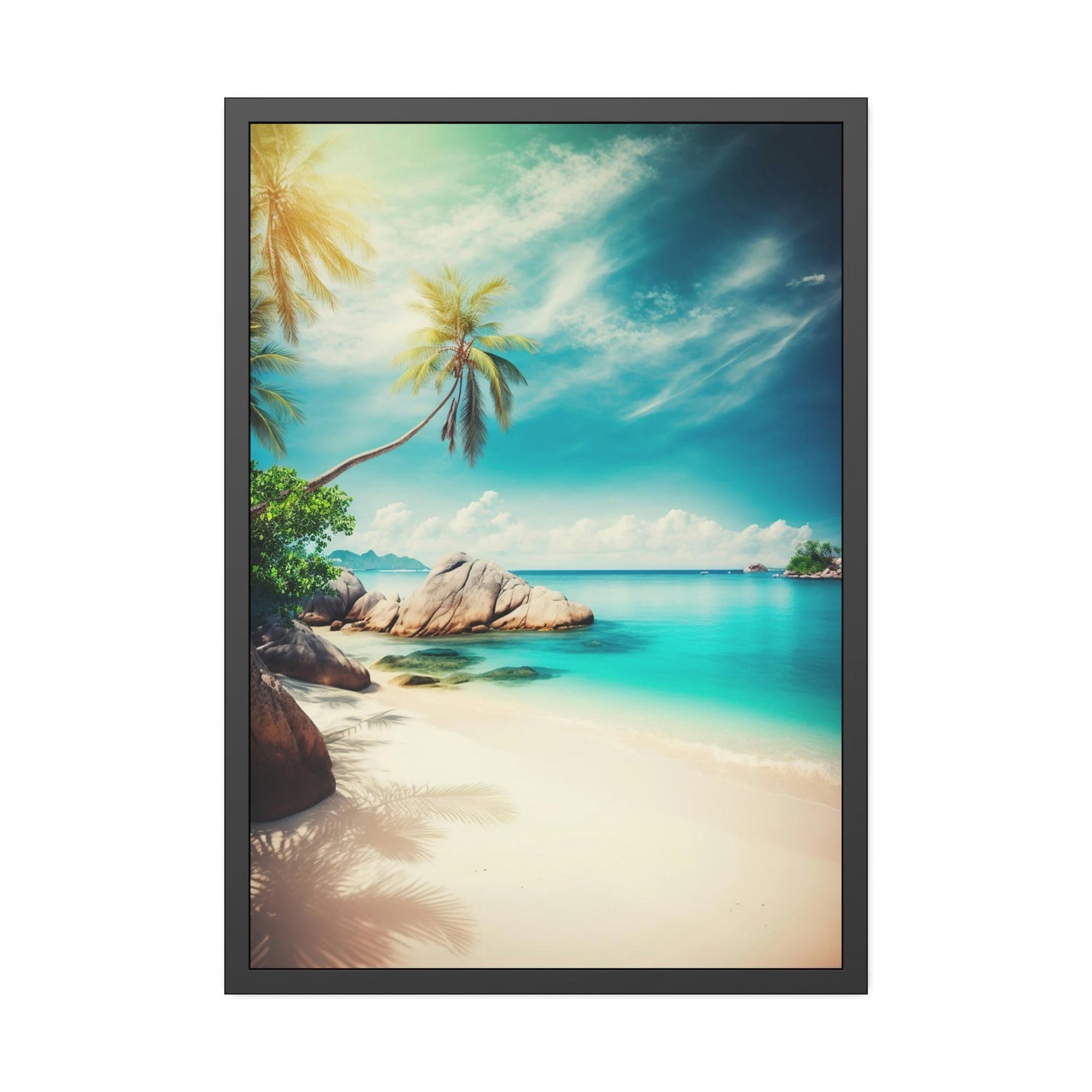 Island Beach Beachfront Beauty: Poster of a Scenic Island Beach Scene on a Framed Poster