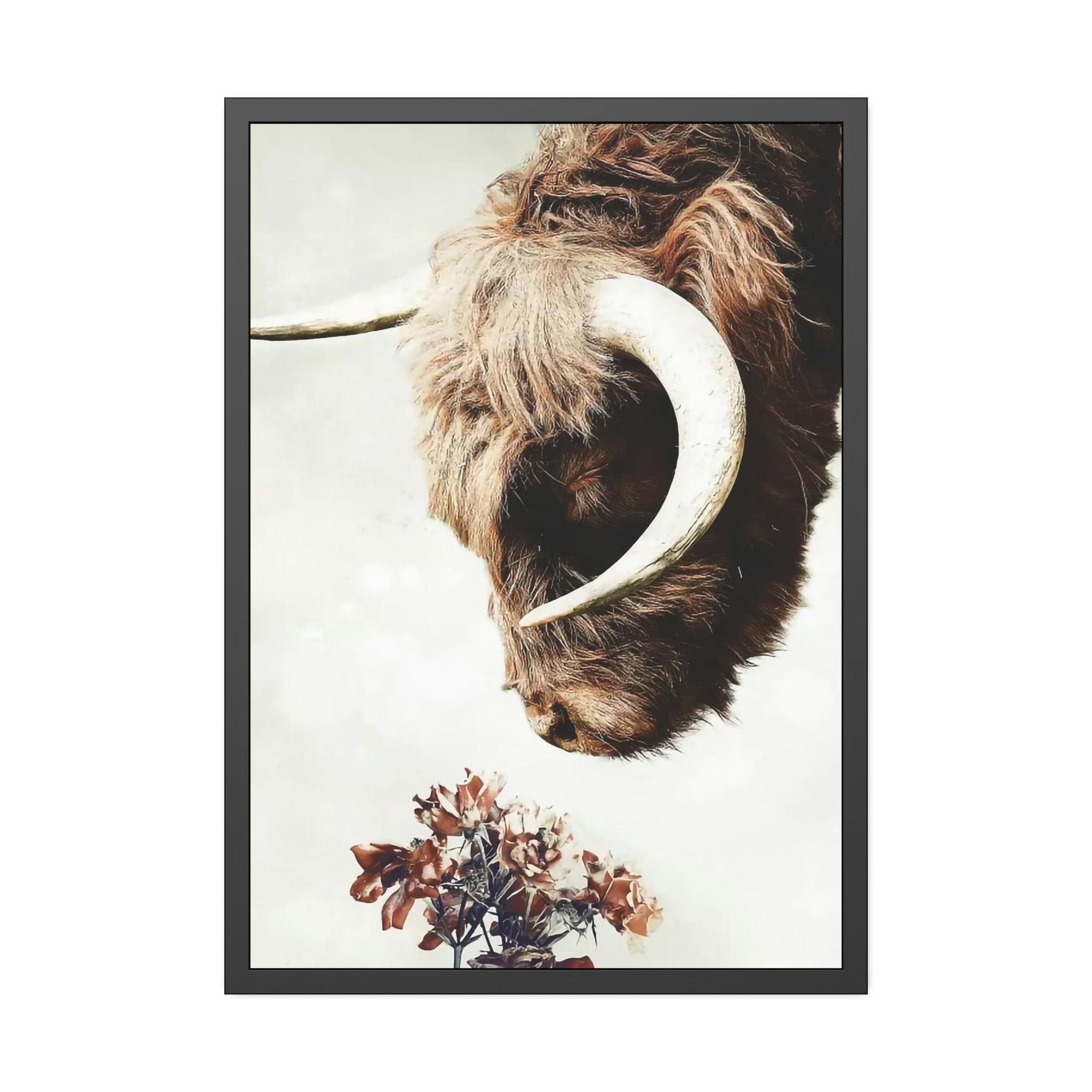 Highland Cow Highland Cow | Horned Cow Smelling a Flower | Animal Wall Art — Pixoram