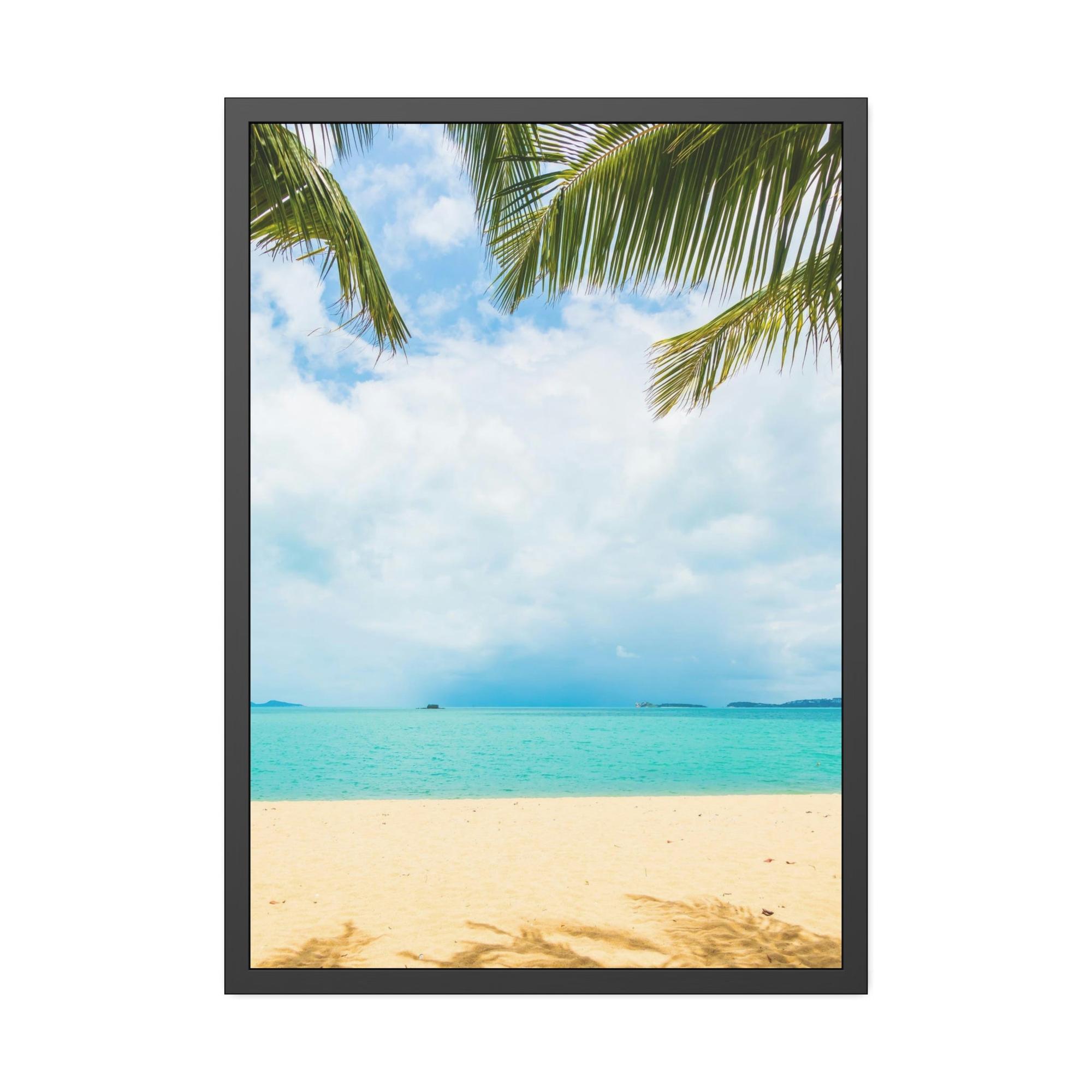 Island Beach Seashore Sanctuary: Art Print of a Tranquil Island Beach Scene on a Framed Canvas