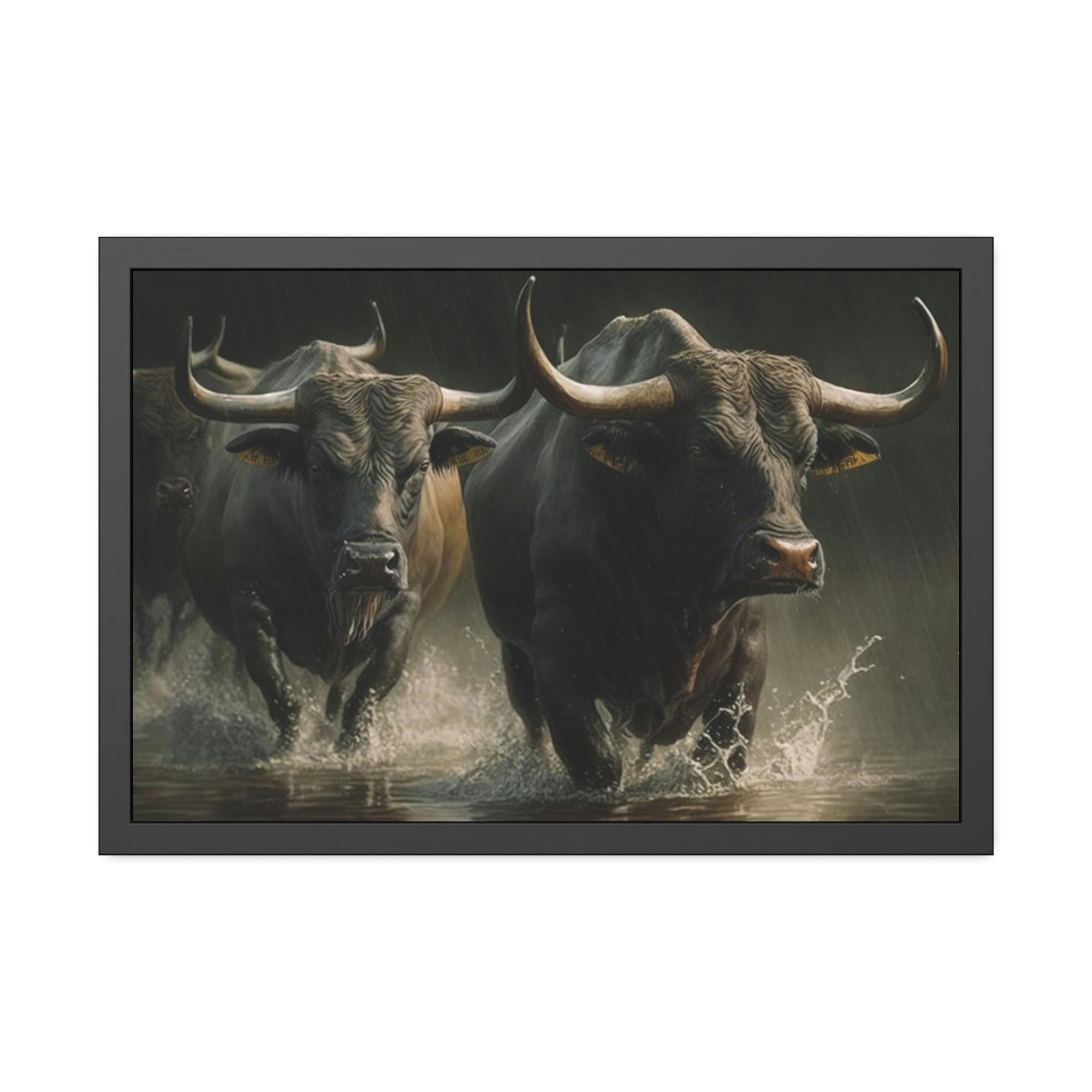 Bulls Wild Bulls Running: Poster & Canvas Print of Cattle Stampede