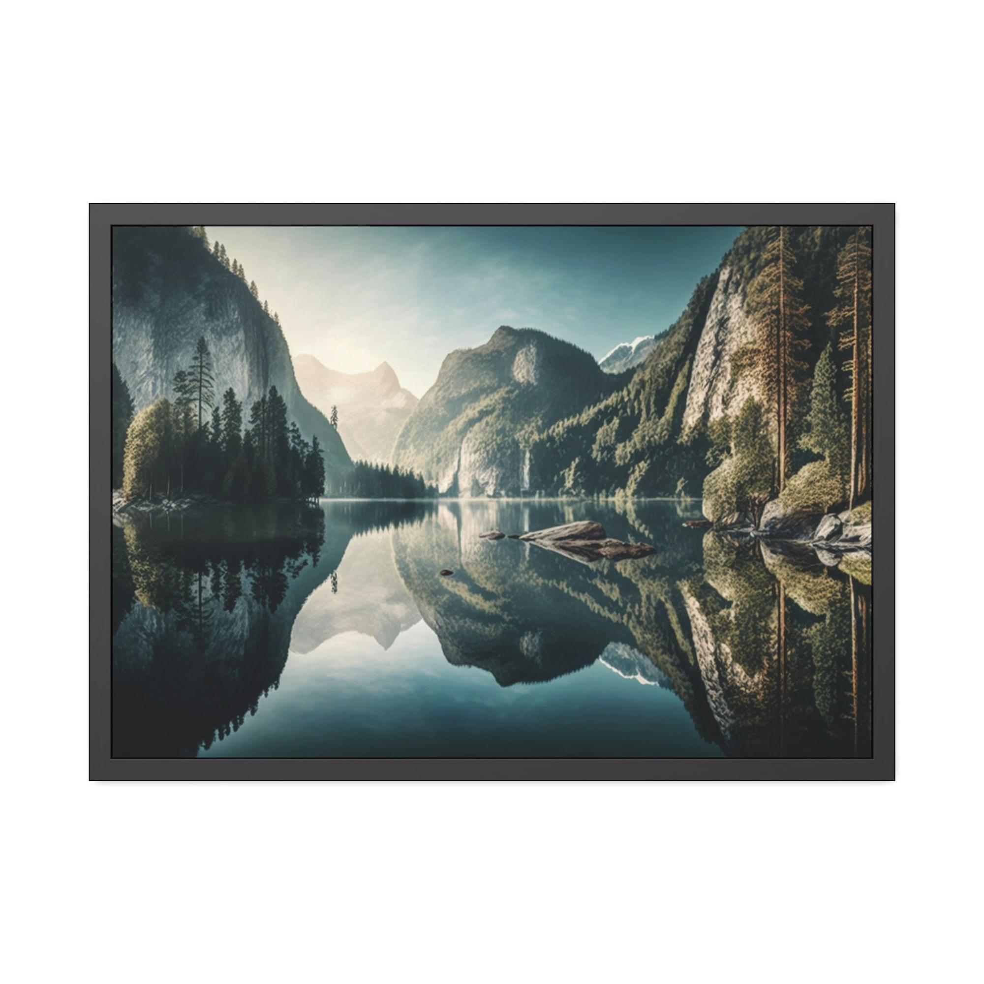 Lakes And Rivers Tranquil Lakeshore: Framed Poster of a Peaceful Lake on Canvas