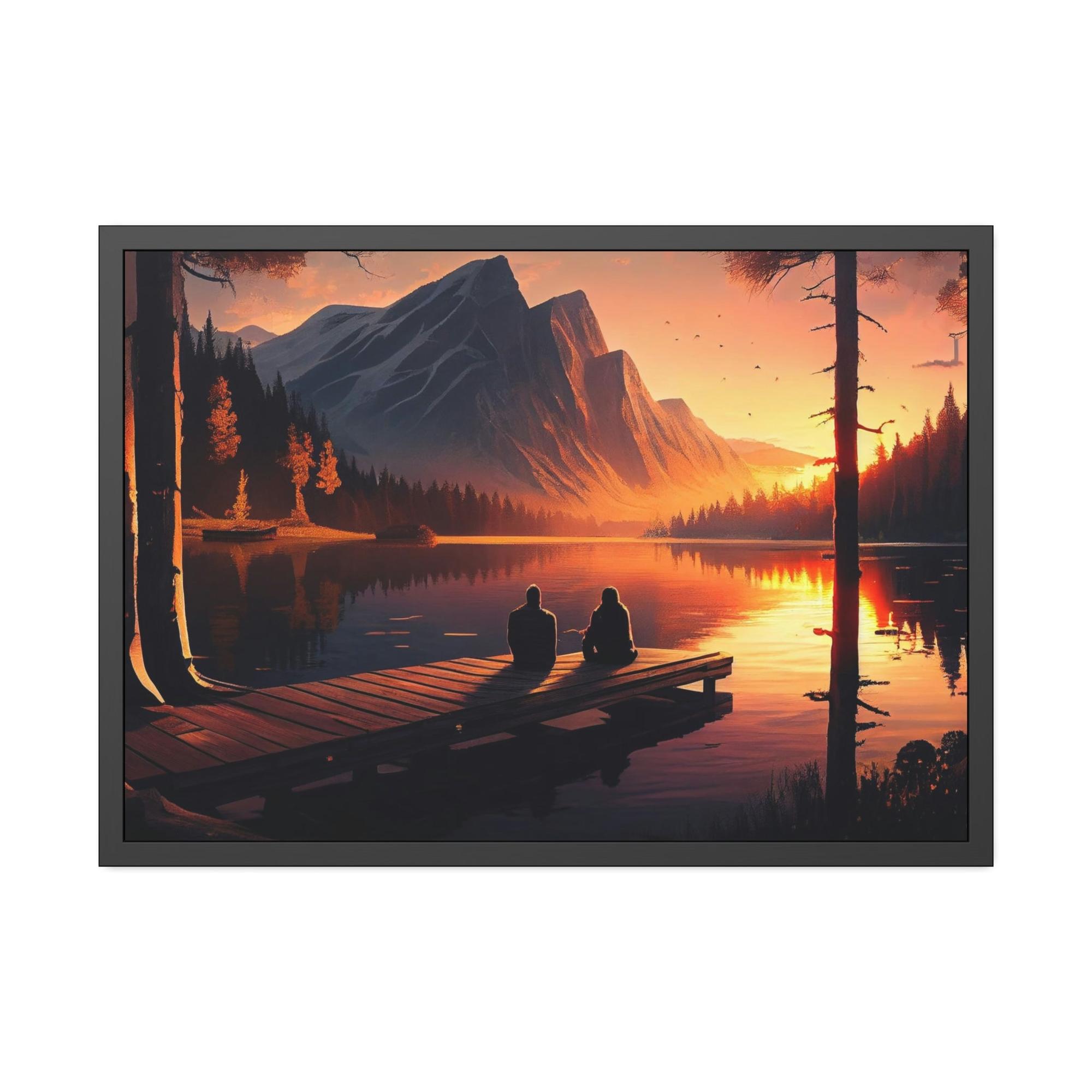 Lakes And Rivers Peaceful Lakeshore: Framed Poster of a Calm Lake Scene on Canvas