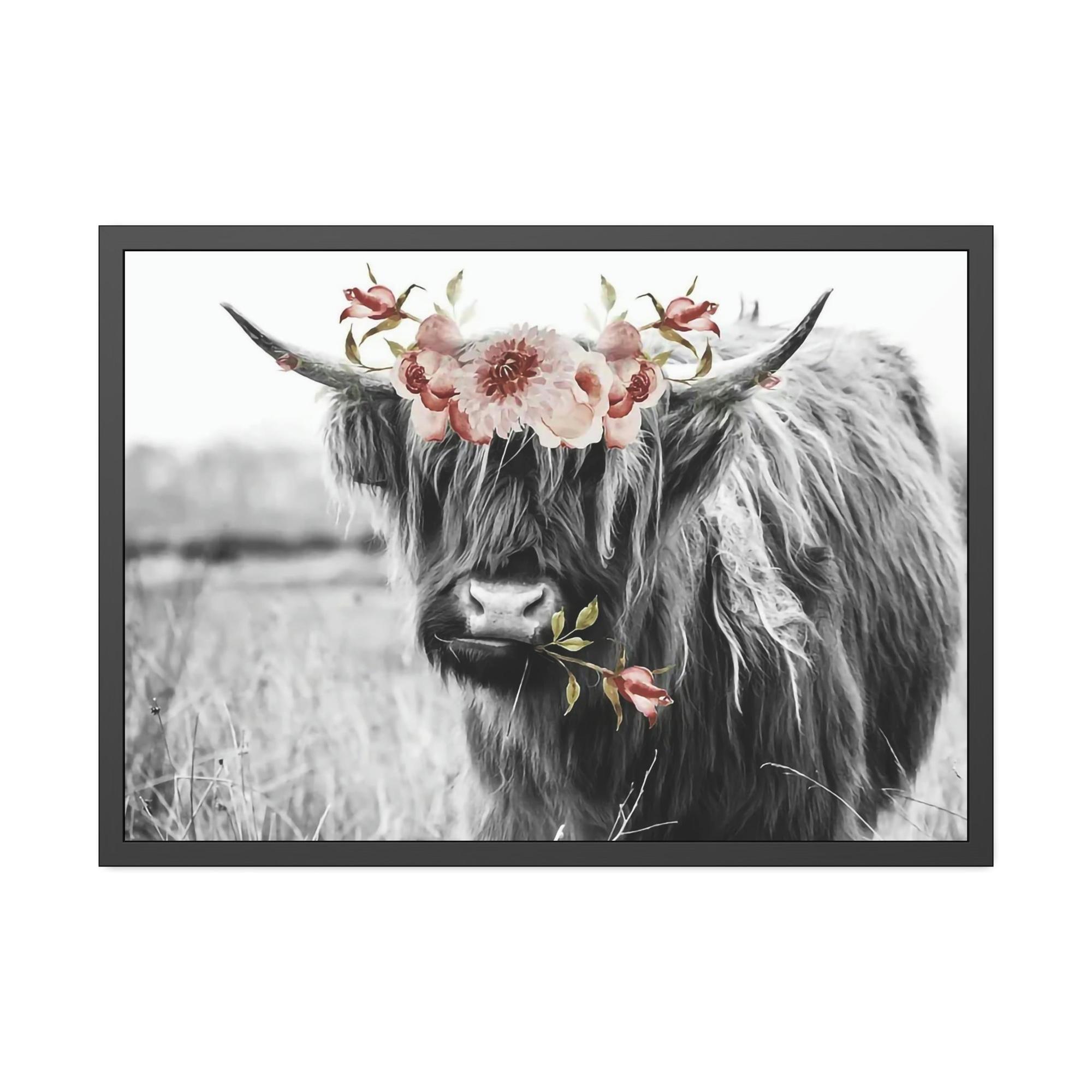 Highland Cow Highland Cow | Black-White Picture of Cow with Pink Flowers in the Mouth | Art Canvas — Pixoram