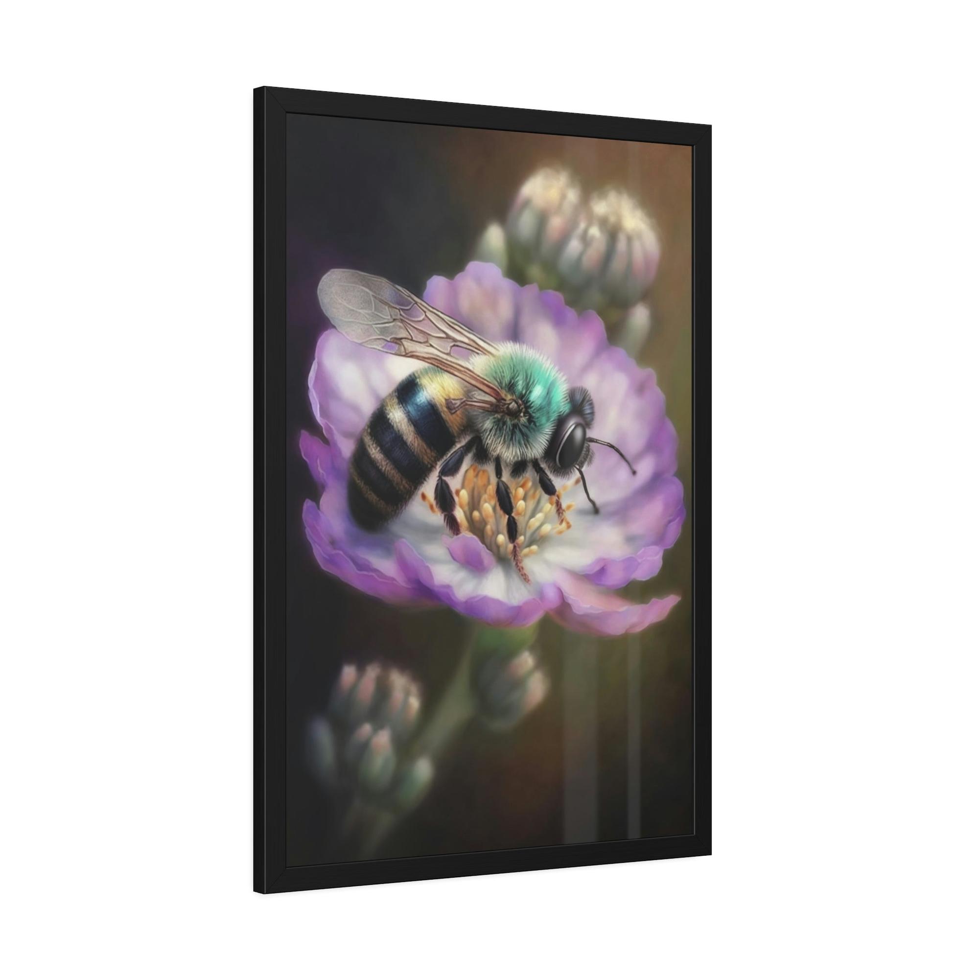 Bees A Tiny Miracle: A Framed Poster & Canvas Print of a Bee Collecting Pollen on a Flower