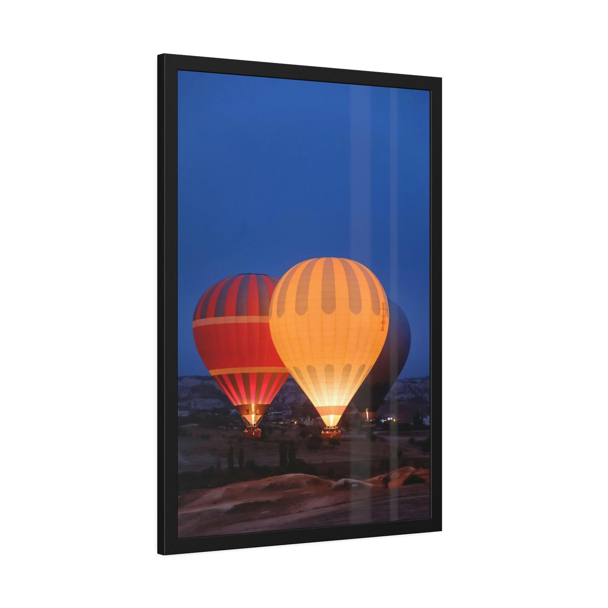Hot Air Balloons Aerial Adventure: Framed Canvas & Poster of a Hot Air Balloon Over Mountains