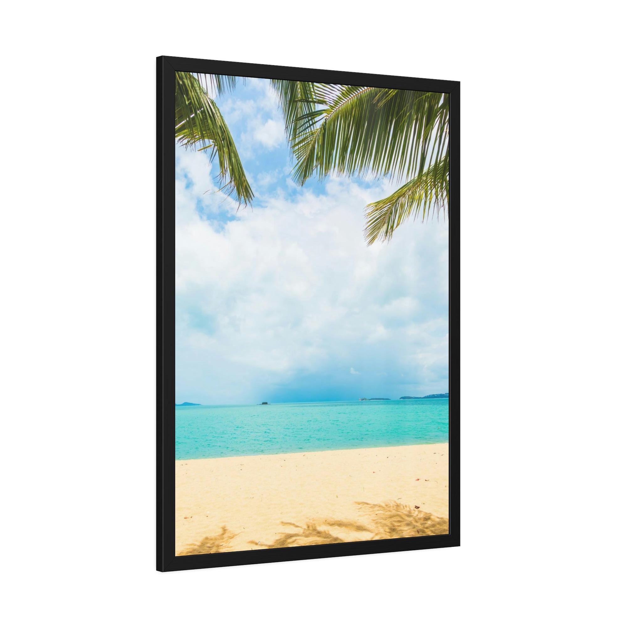 Island Beach Seashore Sanctuary: Art Print of a Tranquil Island Beach Scene on a Framed Canvas