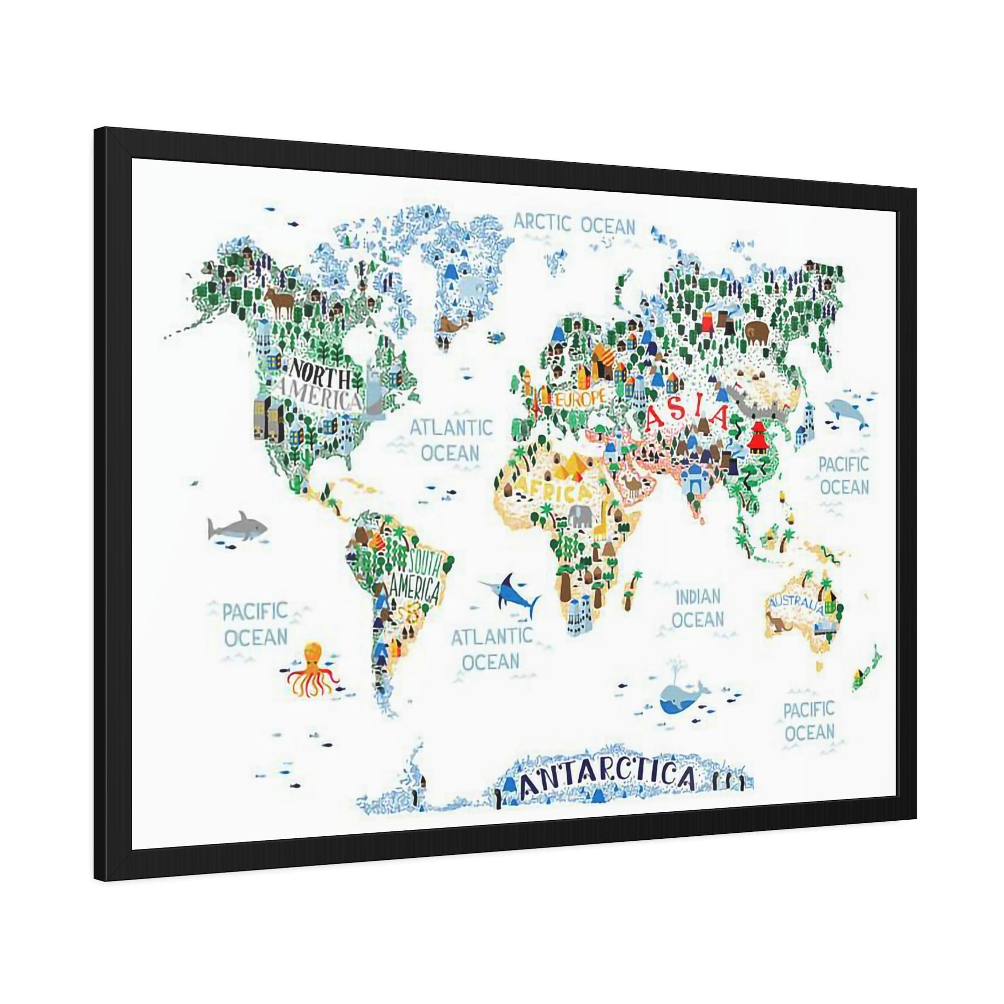 Kids Maps World Adventure: Framed Canvas and Poster of Playful Illustrated Kids Map