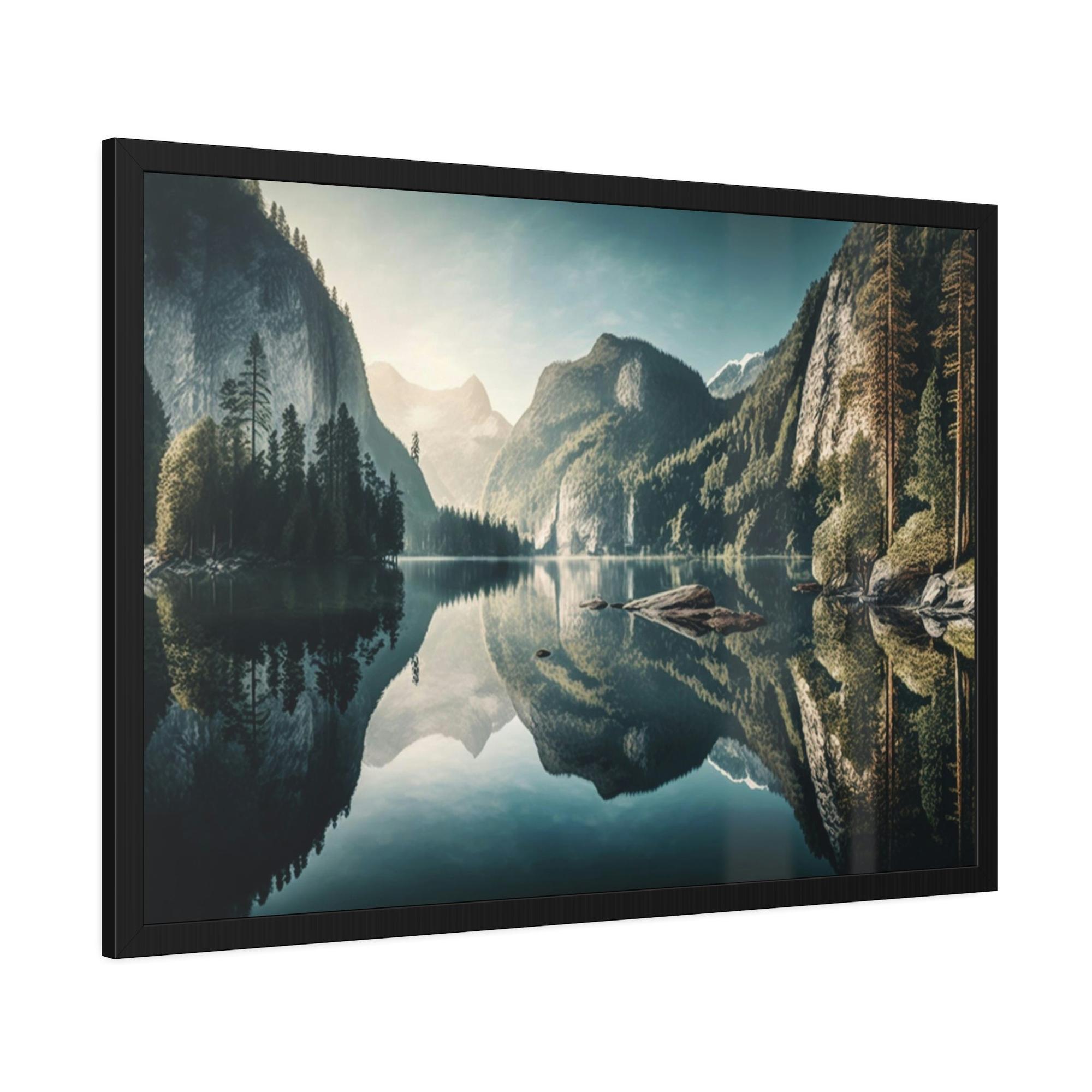 Lakes And Rivers Tranquil Lakeshore: Framed Poster of a Peaceful Lake on Canvas
