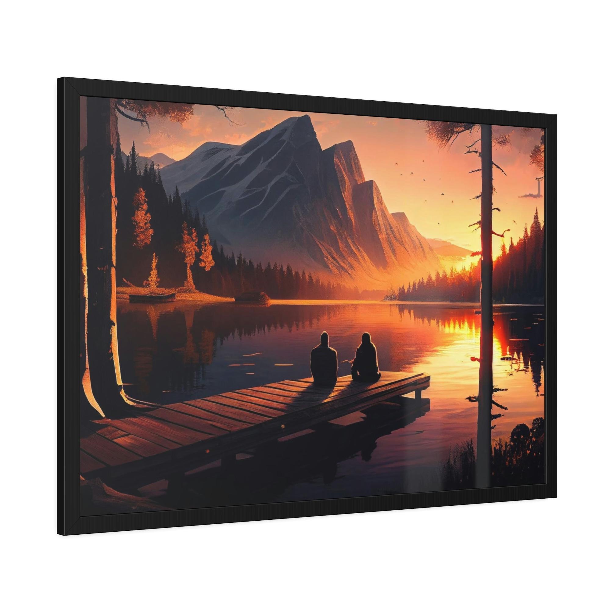 Lakes And Rivers Peaceful Lakeshore: Framed Poster of a Calm Lake Scene on Canvas