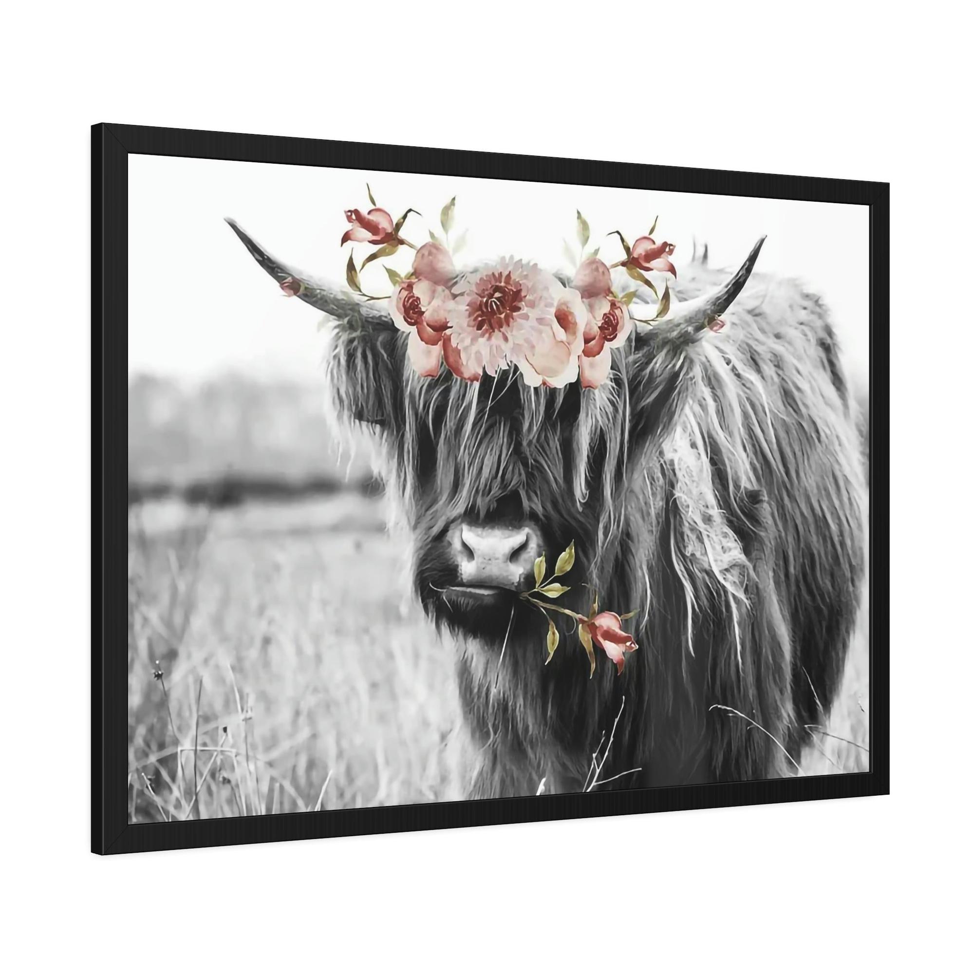 Highland Cow Highland Cow | Black-White Picture of Cow with Pink Flowers in the Mouth | Art Canvas — Pixoram