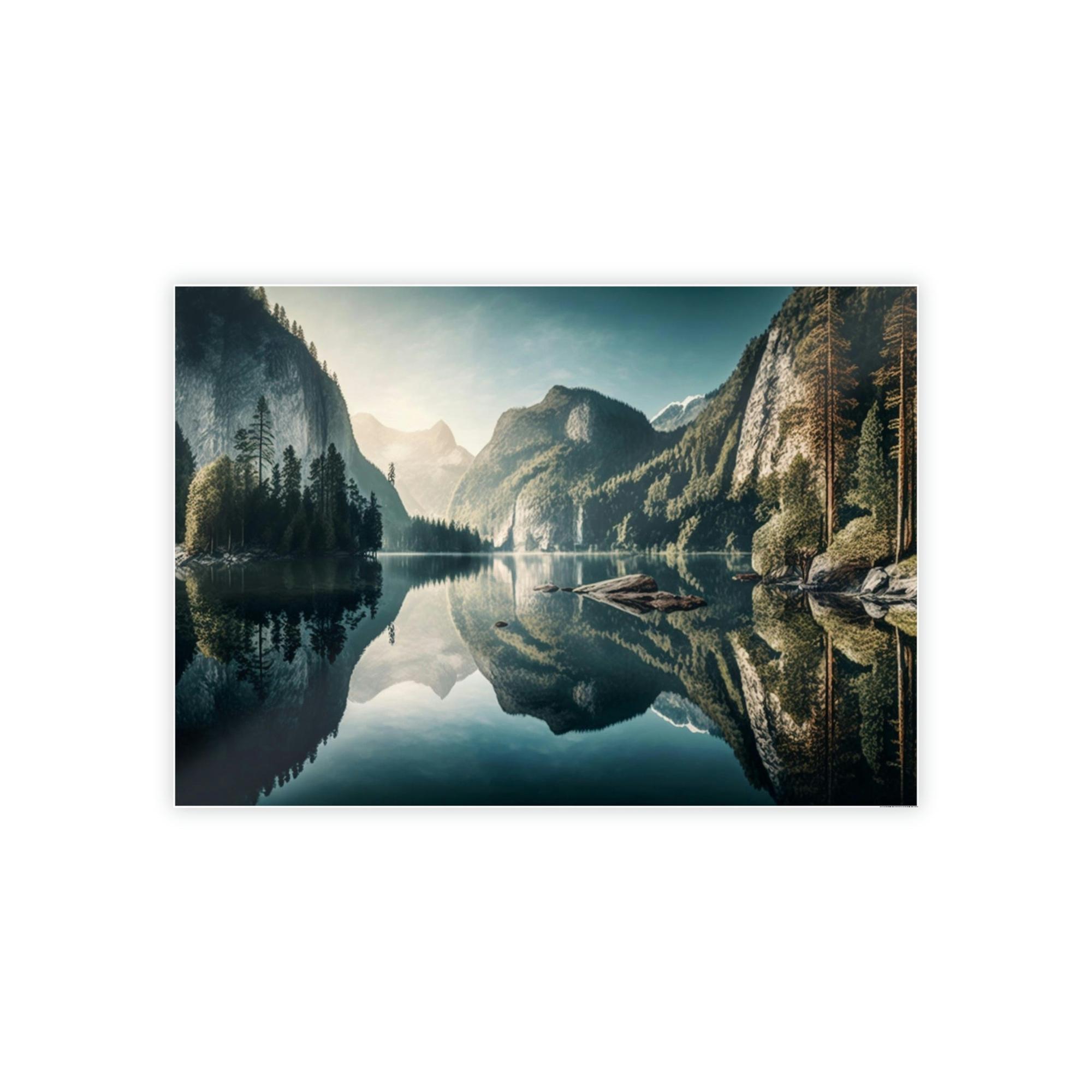 Lakes And Rivers Tranquil Lakeshore: Framed Poster of a Peaceful Lake on Canvas
