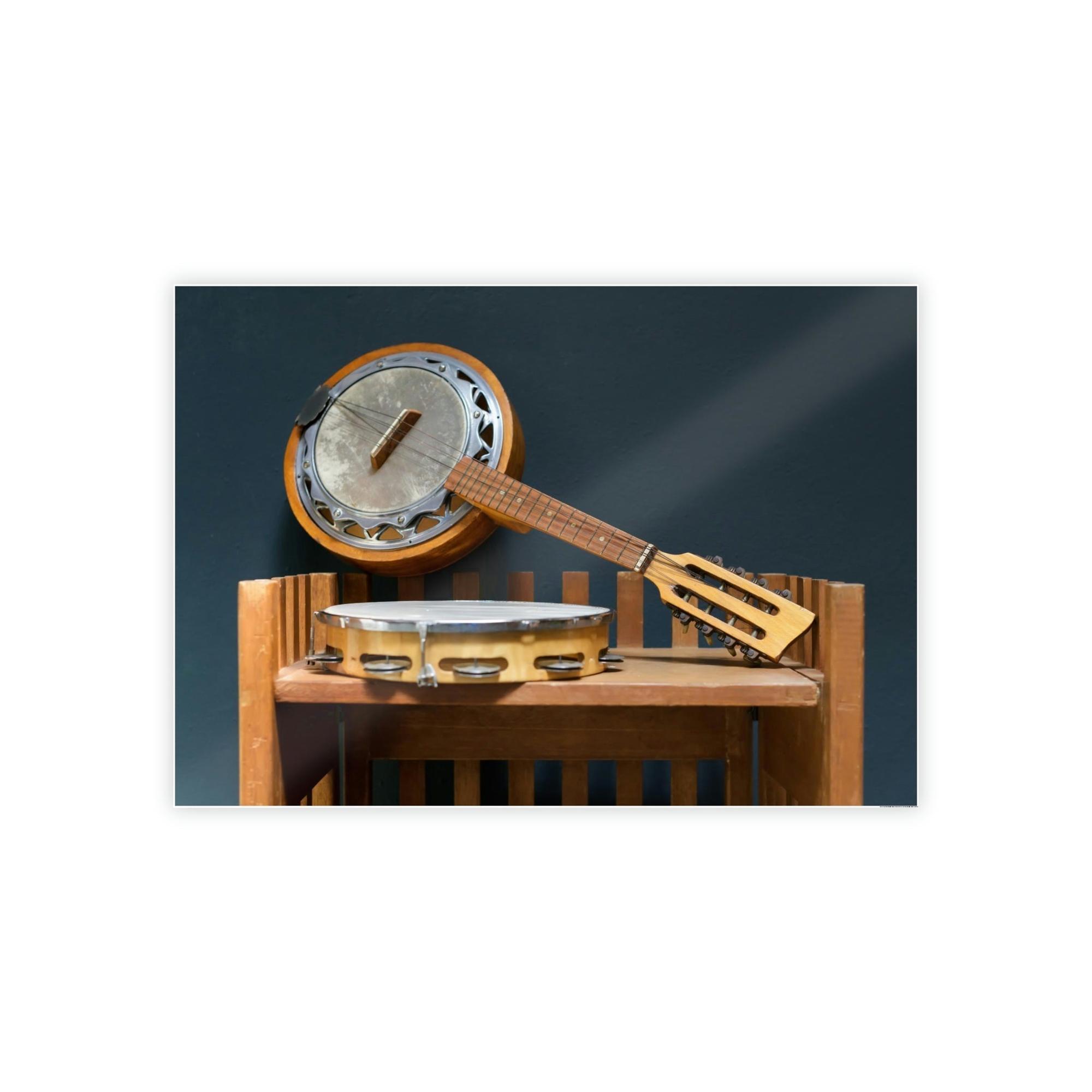 Banjo Musical Memories: Wall Art with a Banjo and Other Instruments in a Rustic Setting