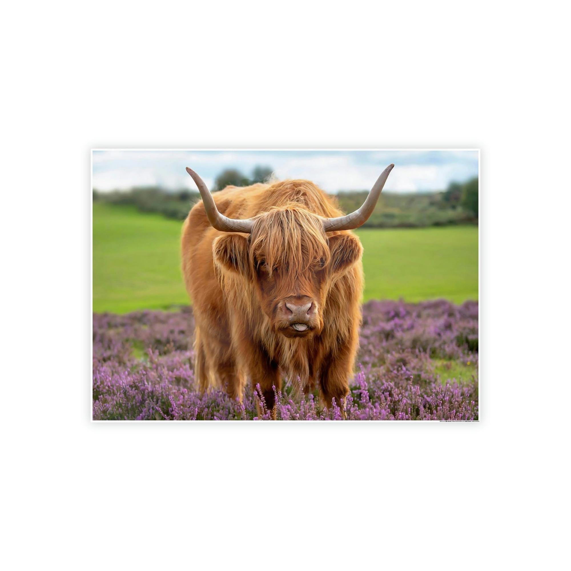 Highland Cow Highland Cow | Brown Cow in the Flowering Field | Canvas Art — Pixoram
