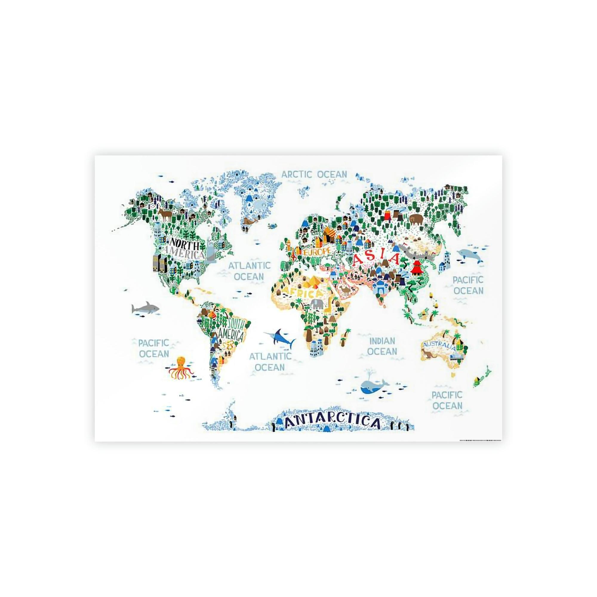Kids Maps World Adventure: Framed Canvas and Poster of Playful Illustrated Kids Map