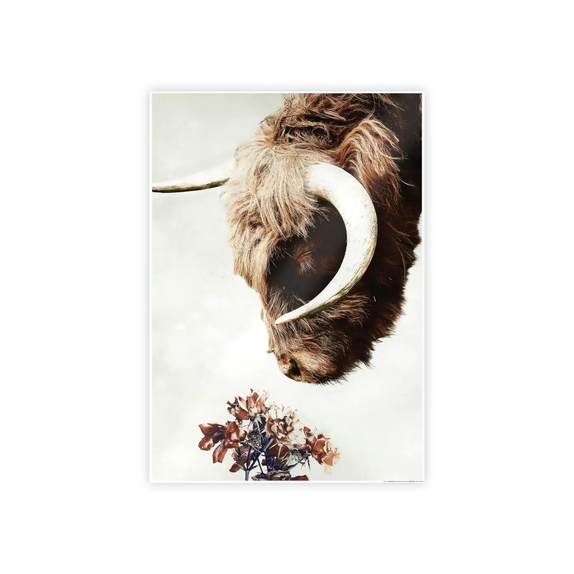 Highland Cow Highland Cow | Horned Cow Smelling a Flower | Animal Wall Art — Pixoram