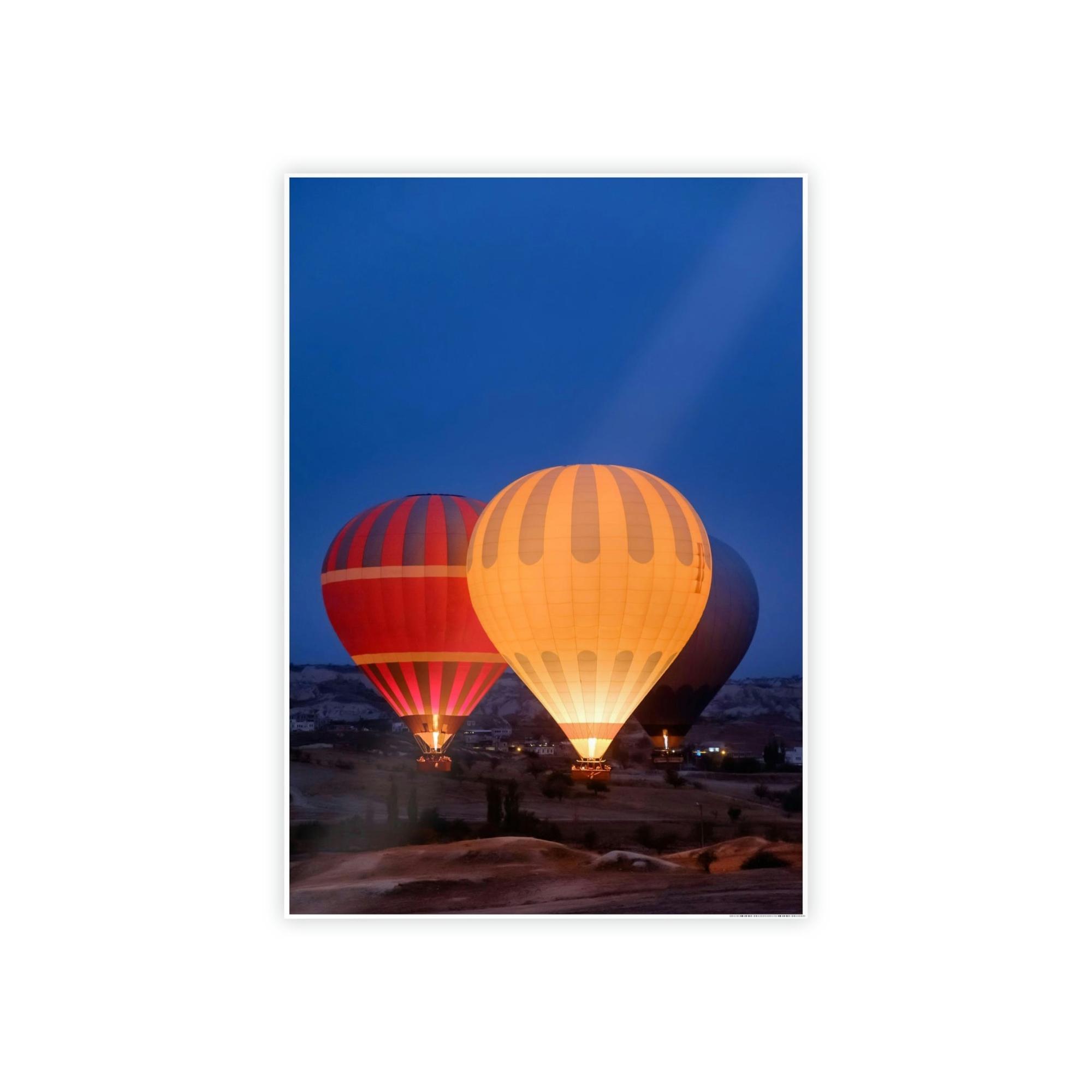 Hot Air Balloons Aerial Adventure: Framed Canvas & Poster of a Hot Air Balloon Over Mountains