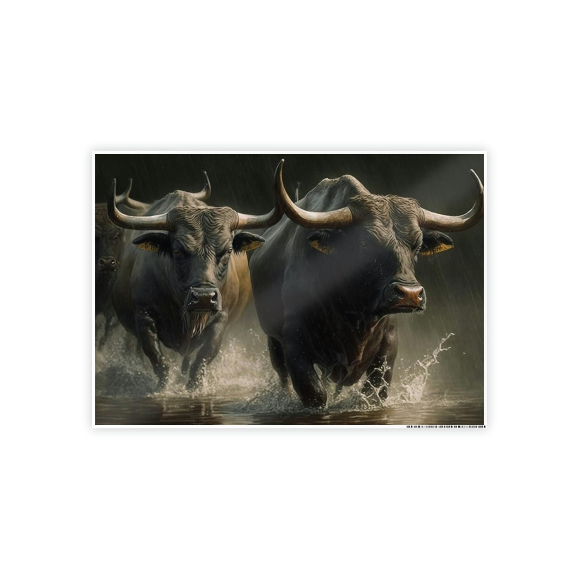 Bulls Wild Bulls Running: Poster & Canvas Print of Cattle Stampede