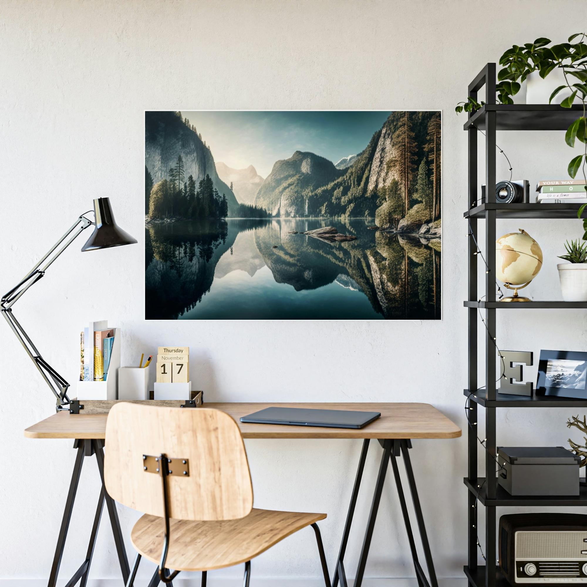 Lakes And Rivers Tranquil Lakeshore: Framed Poster of a Peaceful Lake on Canvas