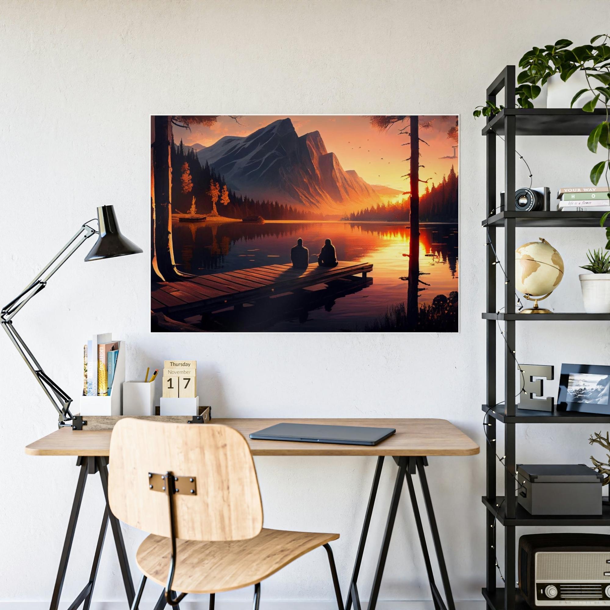 Lakes And Rivers Peaceful Lakeshore: Framed Poster of a Calm Lake Scene on Canvas