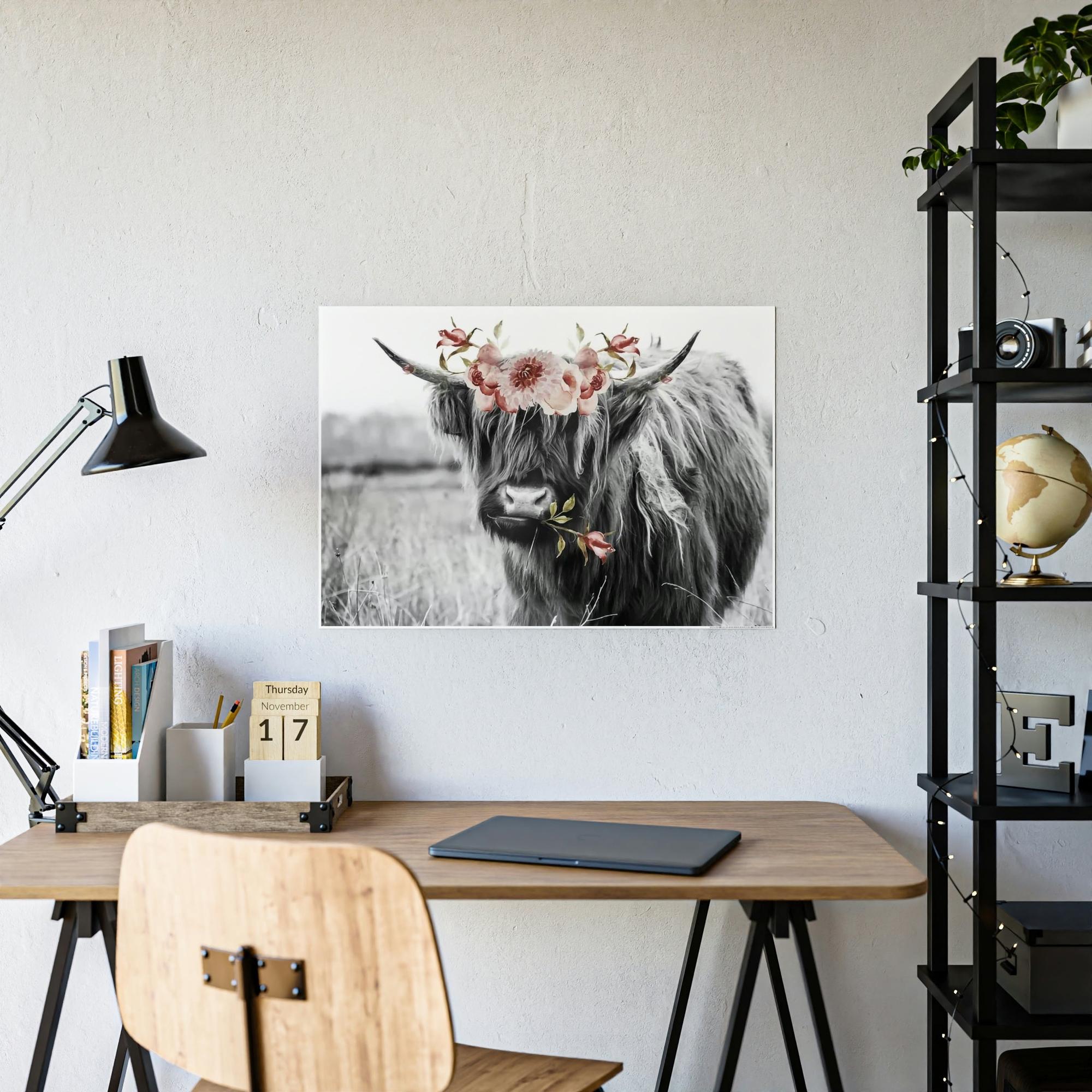 Highland Cow Highland Cow | Black-White Picture of Cow with Pink Flowers in the Mouth | Art Canvas — Pixoram