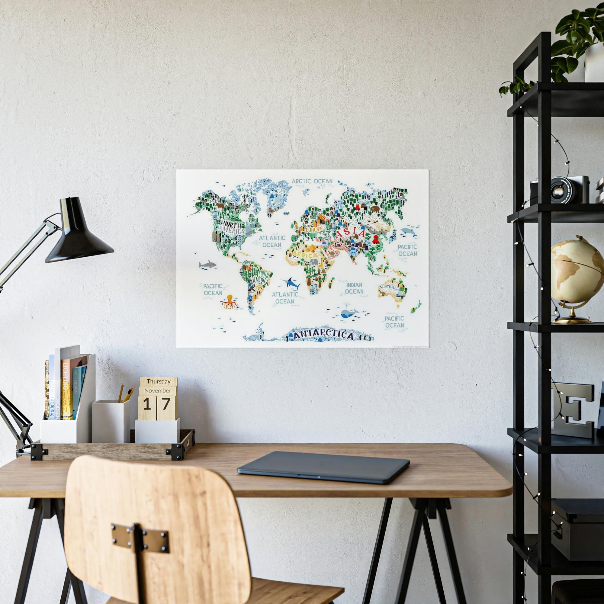 Kids Maps World Adventure: Framed Canvas and Poster of Playful Illustrated Kids Map
