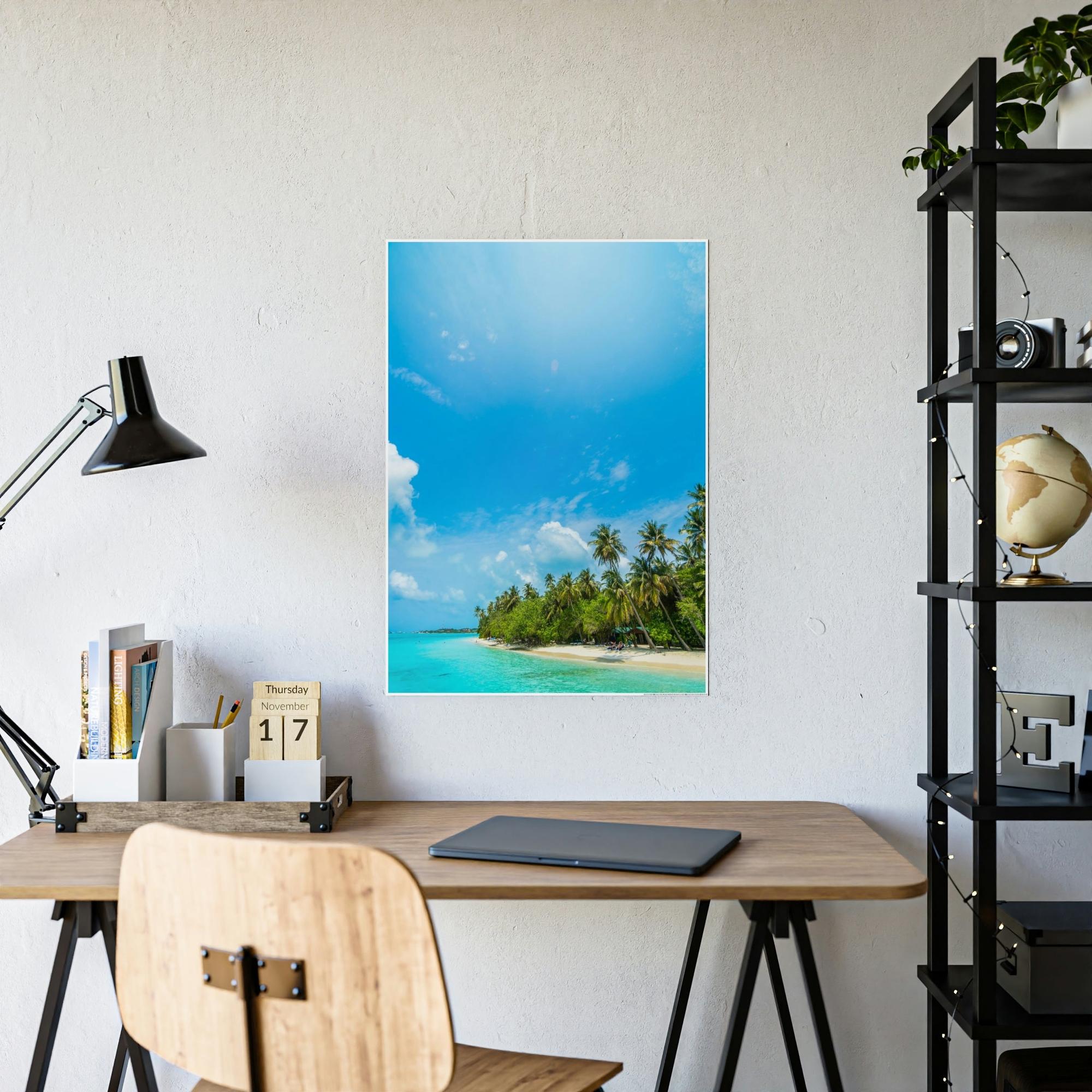 Island Beach Coastal Charm: Art Print of a Beautiful Island Beach Scene on a Framed Poster
