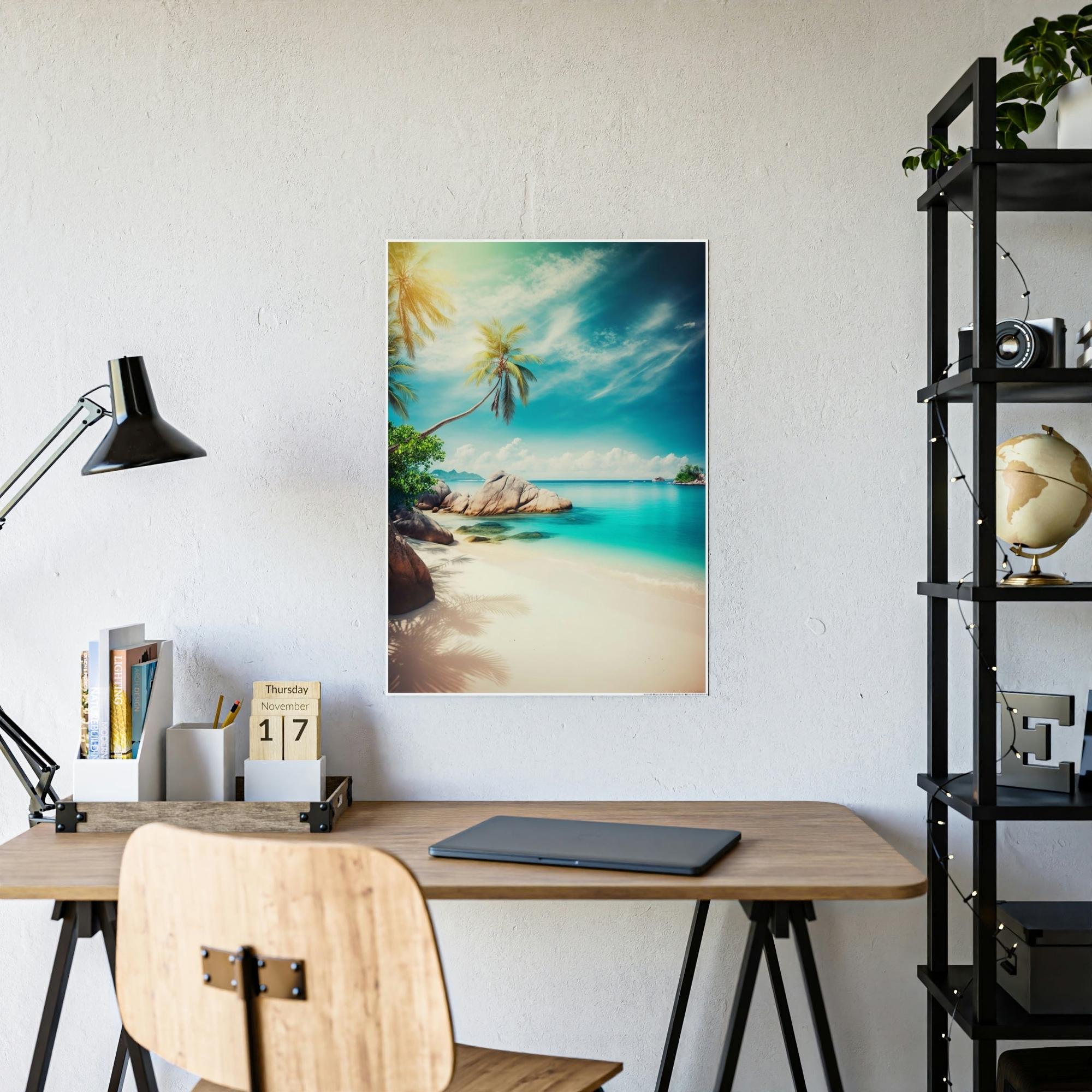 Island Beach Beachfront Beauty: Poster of a Scenic Island Beach Scene on a Framed Poster