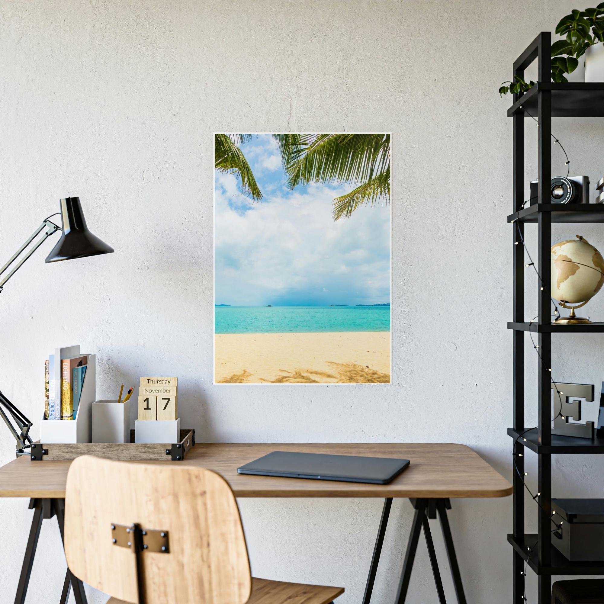 Island Beach Seashore Sanctuary: Art Print of a Tranquil Island Beach Scene on a Framed Canvas