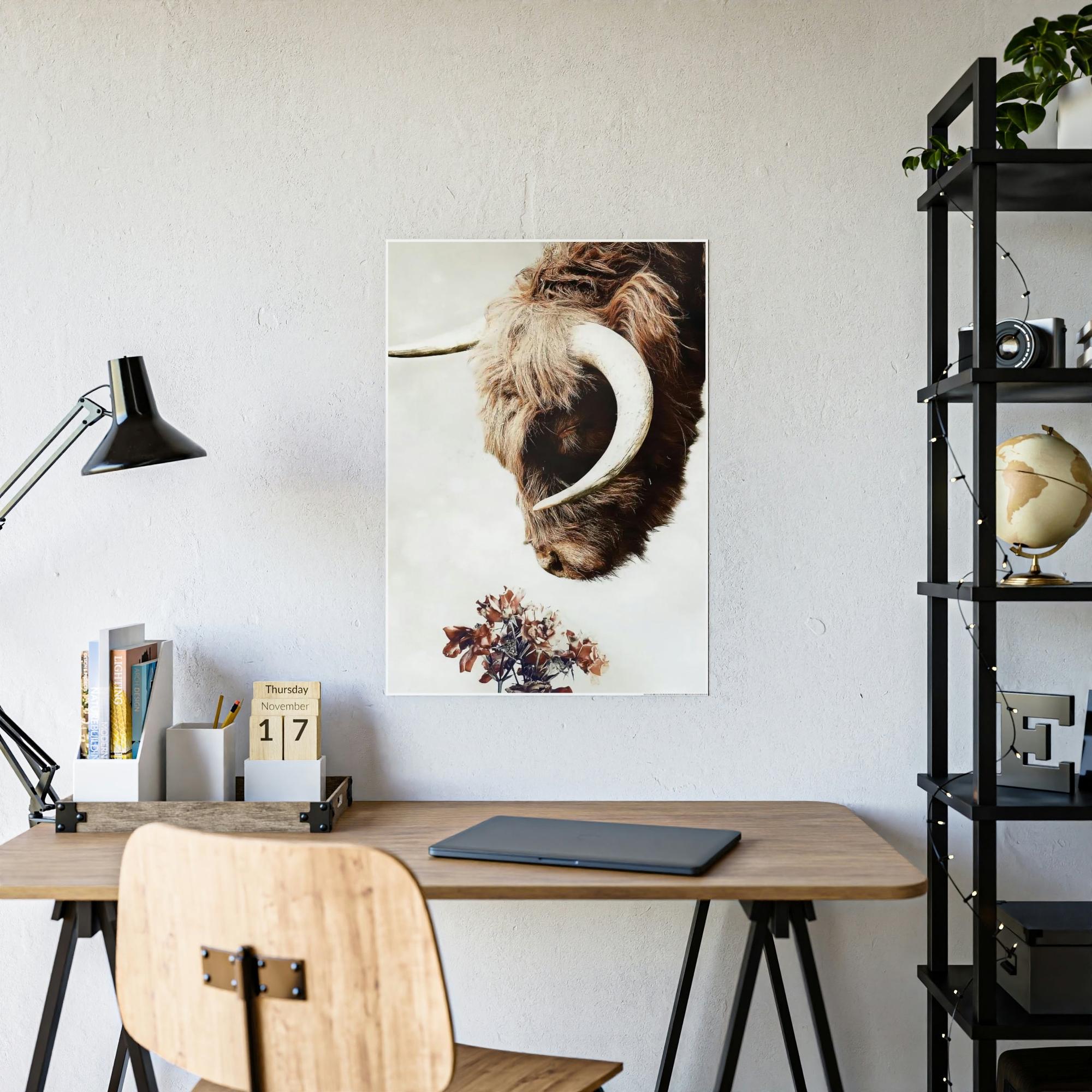 Highland Cow Highland Cow | Horned Cow Smelling a Flower | Animal Wall Art — Pixoram