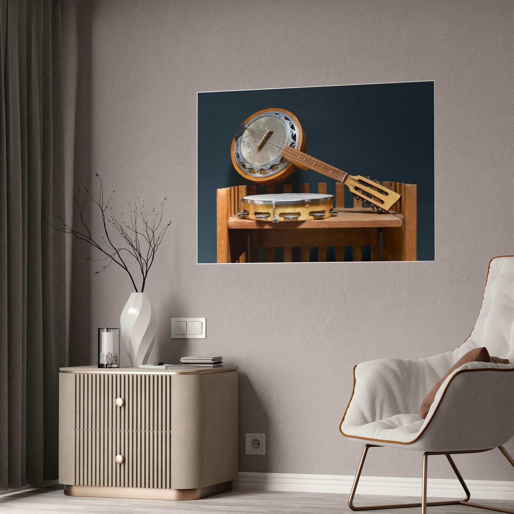 Banjo Musical Memories: Wall Art with a Banjo and Other Instruments in a Rustic Setting