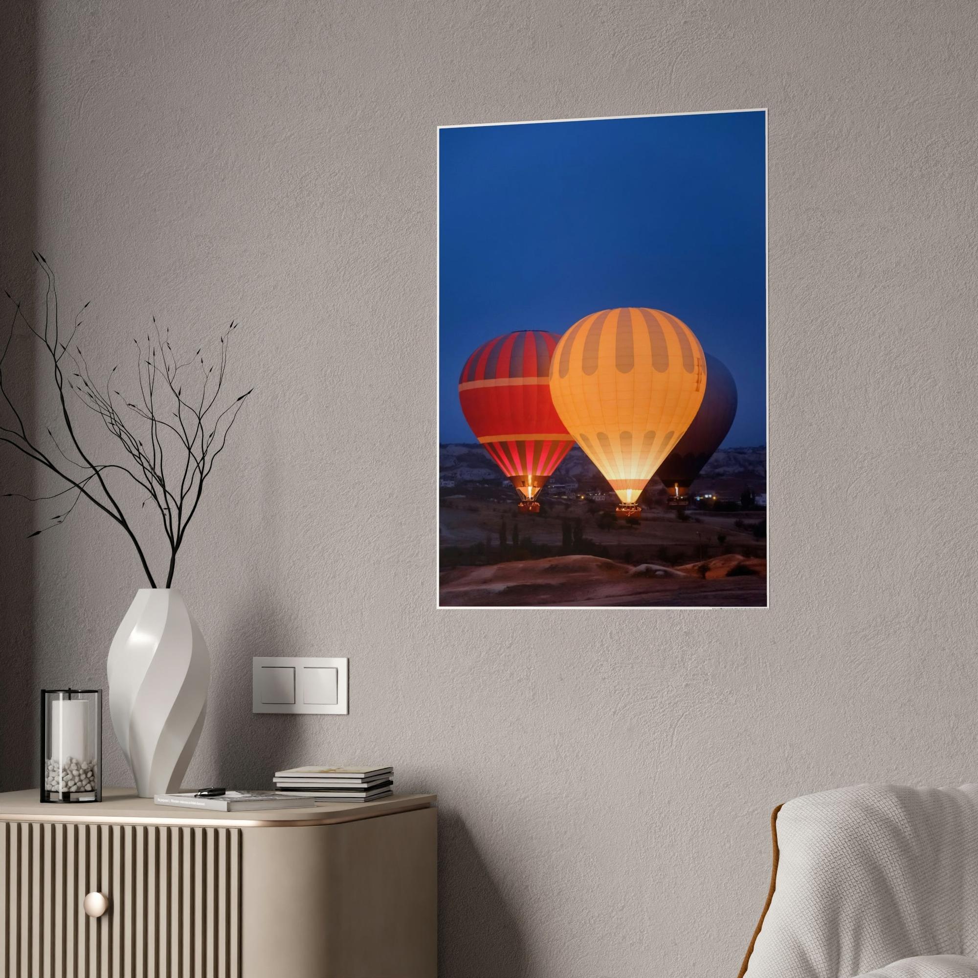 Hot Air Balloons Aerial Adventure: Framed Canvas & Poster of a Hot Air Balloon Over Mountains