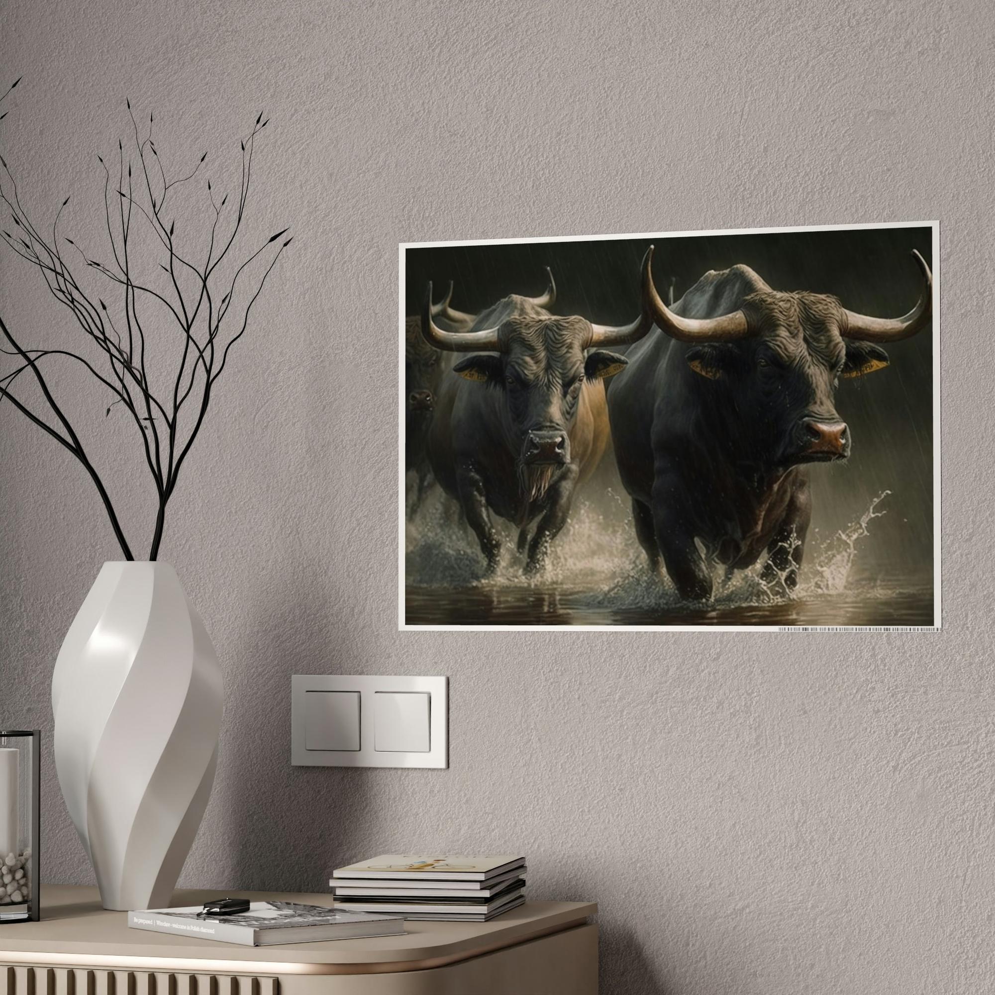 Bulls Wild Bulls Running: Poster & Canvas Print of Cattle Stampede