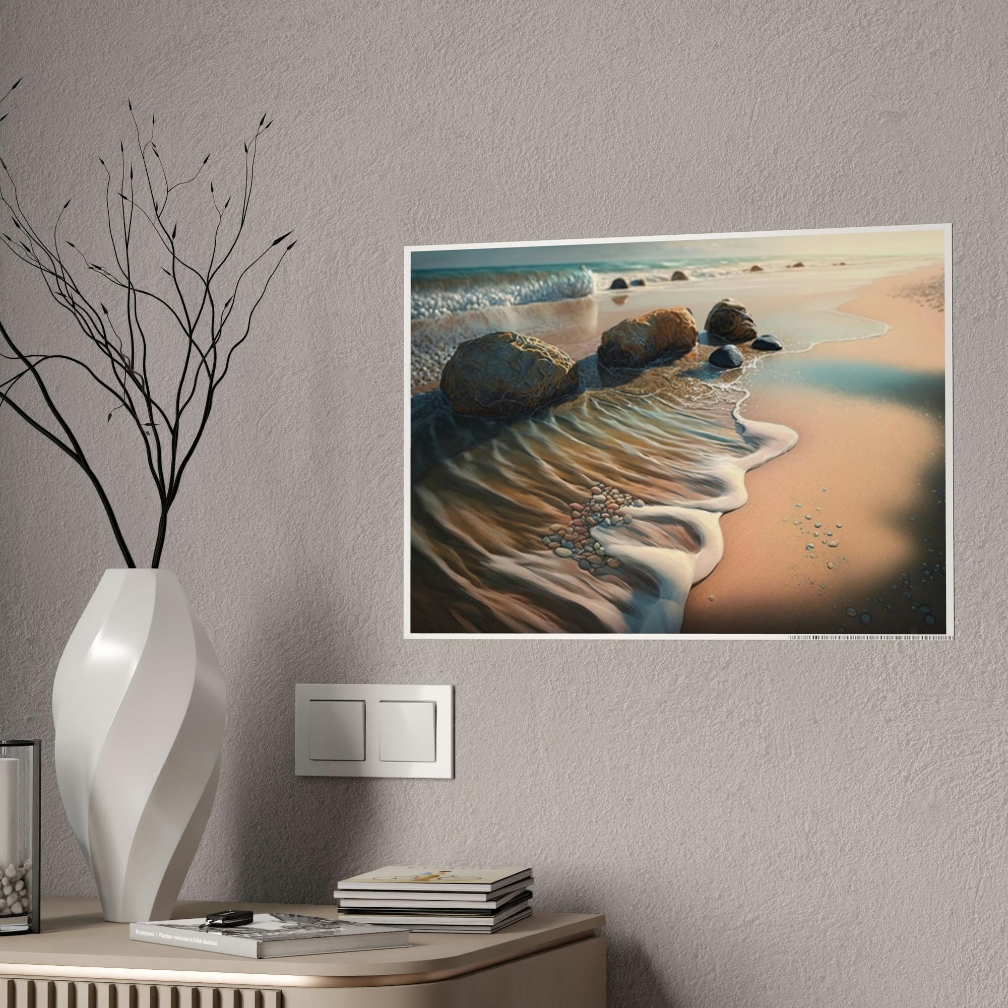 Beaches Ocean's Symphony: Framed Poster of Waves Crashing on Beach