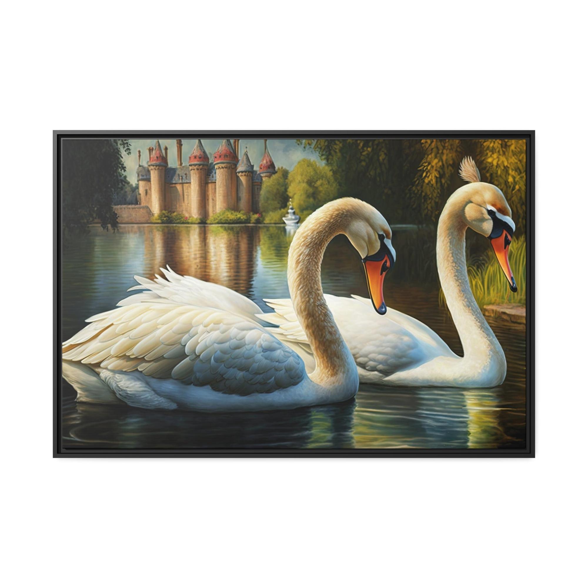 Swans Swan Symphony: Framed Canvas Print of These Beautiful Birds in Harmony