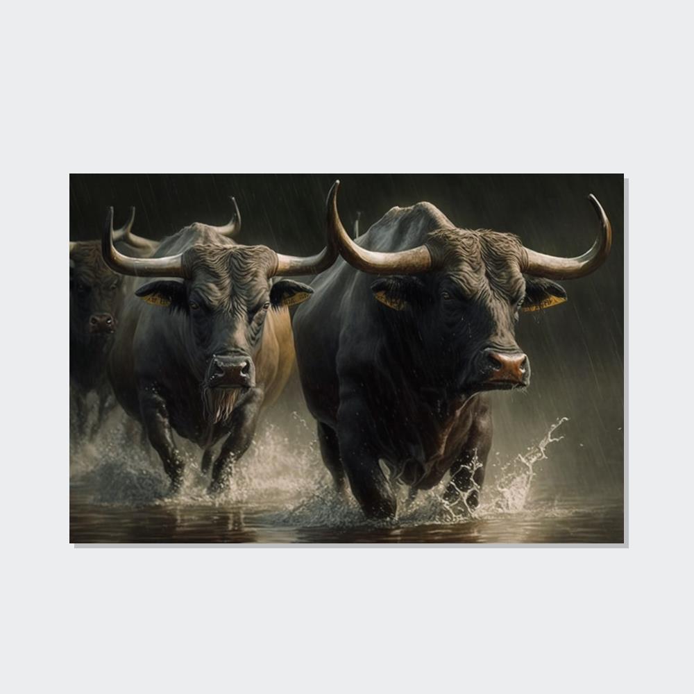Bulls Wild Bulls Running: Poster & Canvas Print of Cattle Stampede