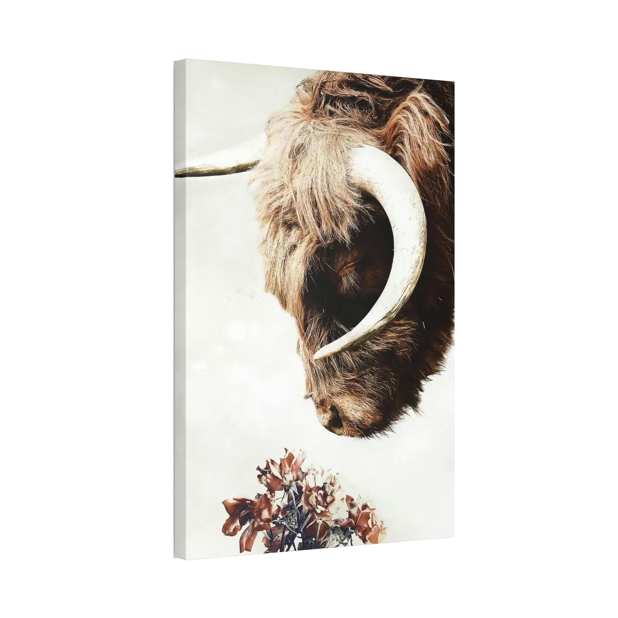 Highland Cow Highland Cow | Horned Cow Smelling a Flower | Animal Wall Art — Pixoram