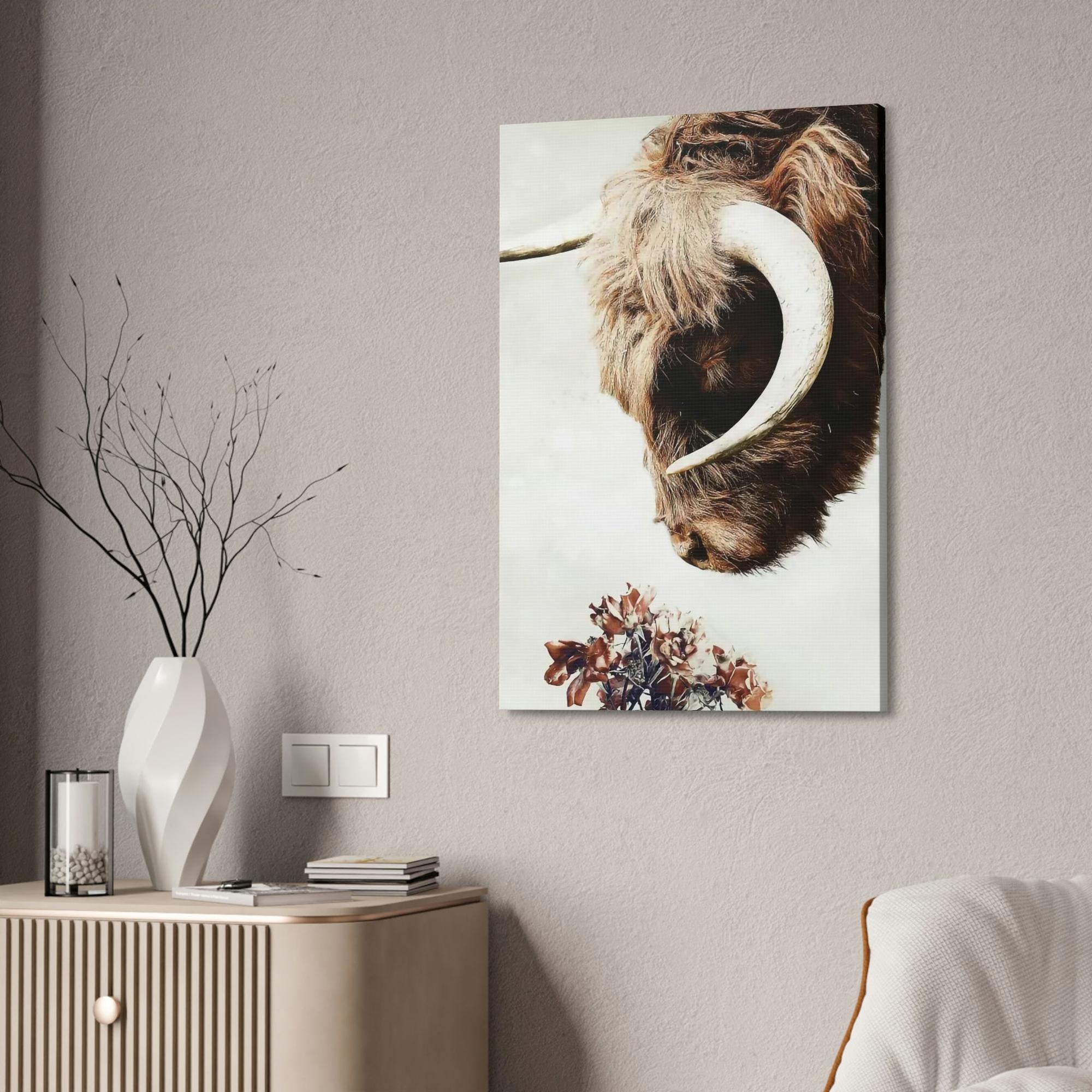 Highland Cow Highland Cow | Horned Cow Smelling a Flower | Animal Wall Art — Pixoram