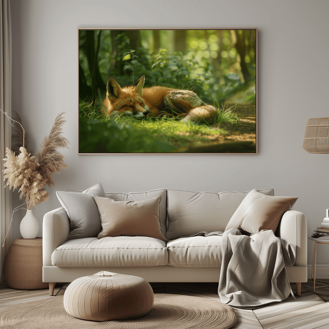 Fox Sleeping Fox in Sunlit Forest – Canvas Wall Art