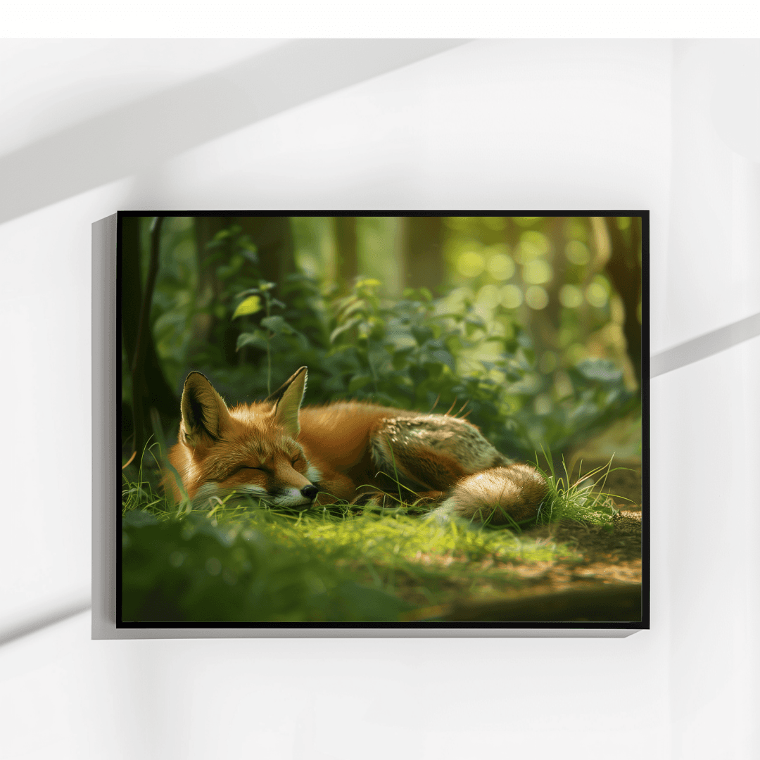 Fox Sleeping Fox in Sunlit Forest – Canvas Wall Art