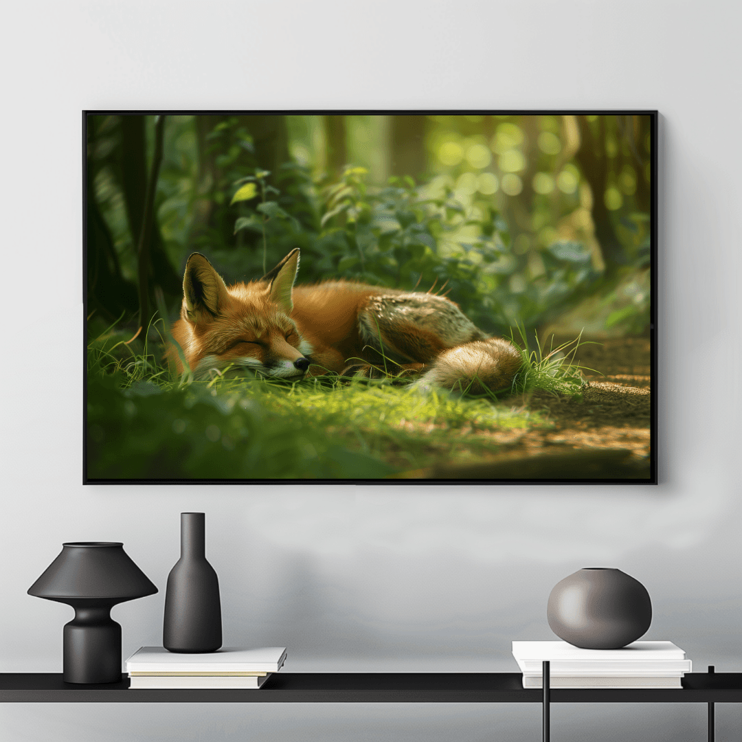 Fox Sleeping Fox in Sunlit Forest – Canvas Wall Art