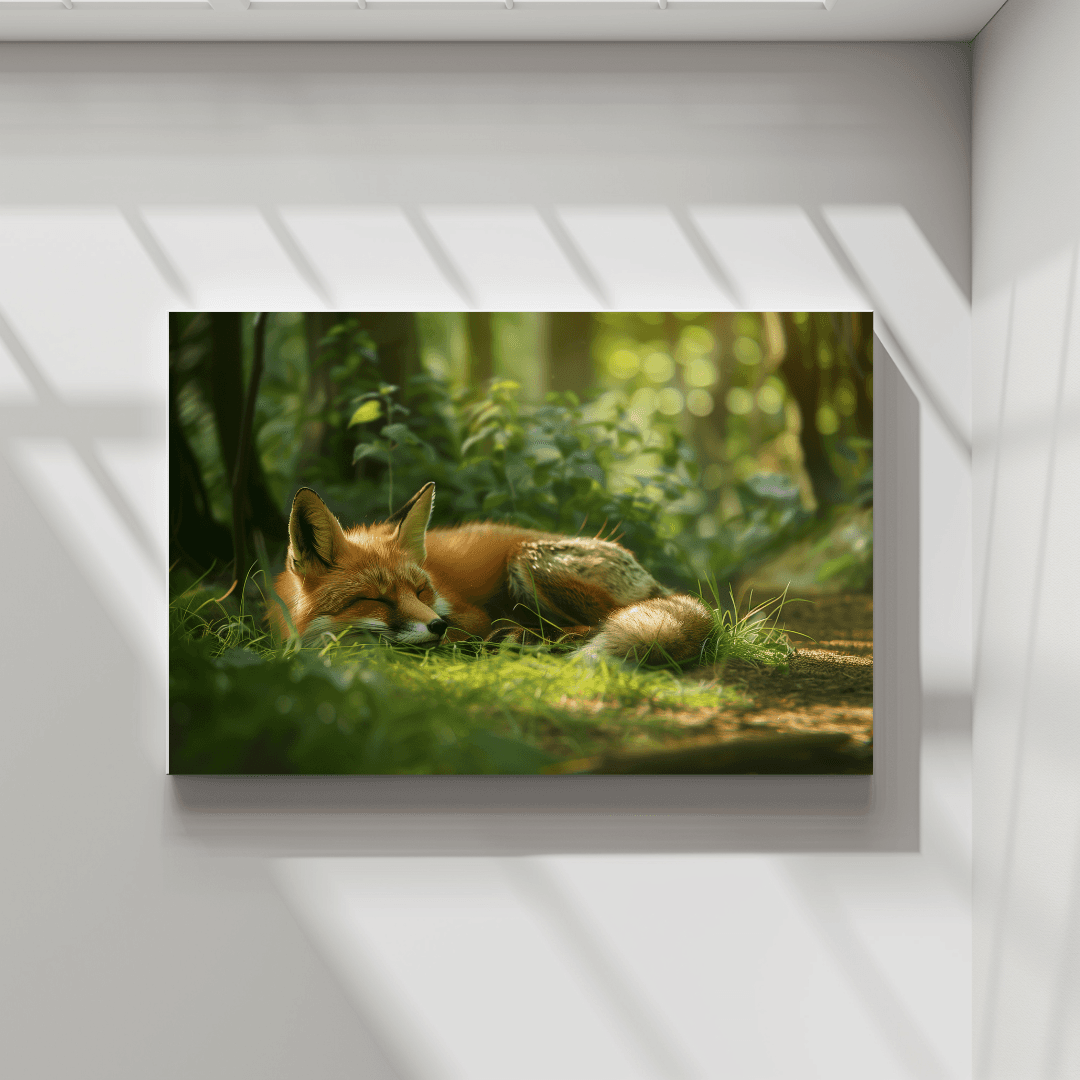 Fox Sleeping Fox in Sunlit Forest – Canvas Wall Art