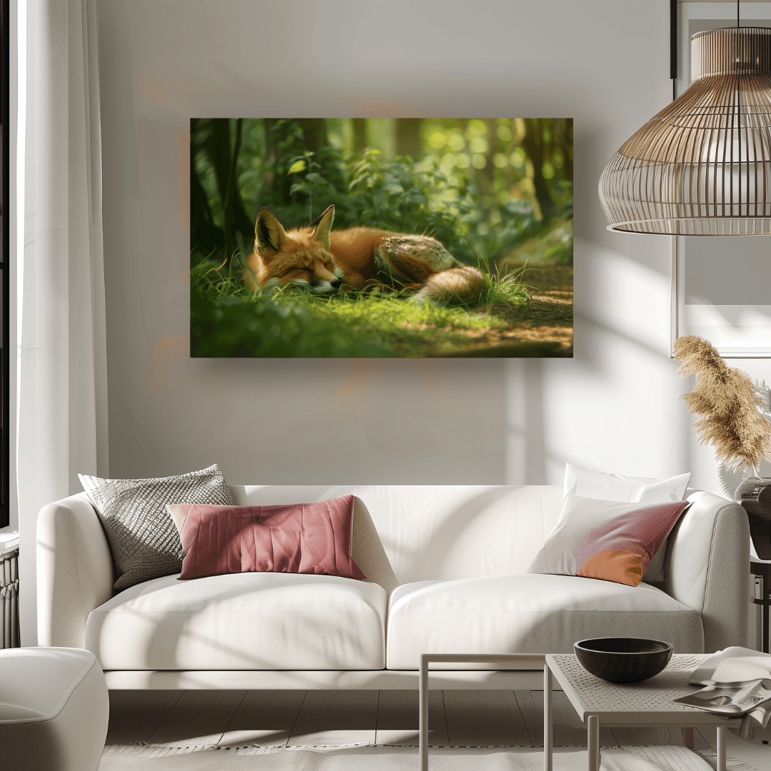 Fox Sleeping Fox in Sunlit Forest – Canvas Wall Art