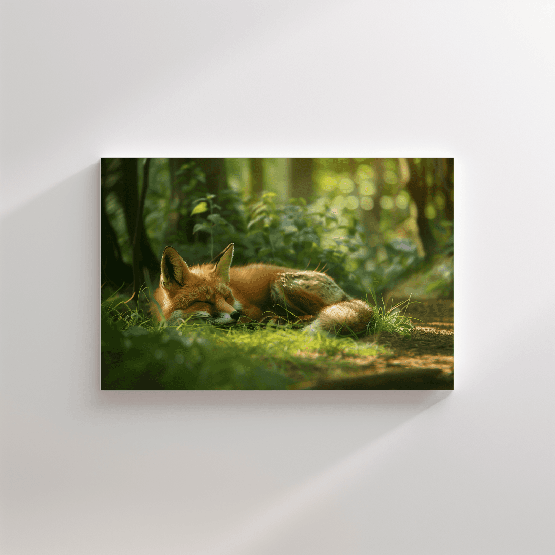 Fox Sleeping Fox in Sunlit Forest – Canvas Wall Art